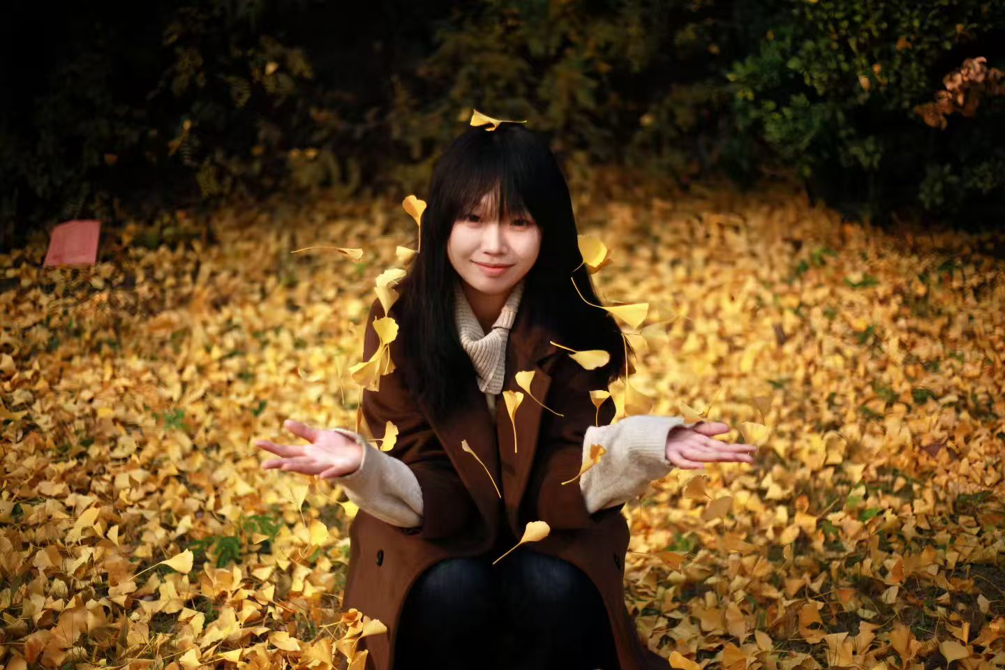 金黄色的银杏叶编织着秋天的童话为校园铺上了金毯，阳光透过半青半黄的树叶，洒下斑驳的光影，仿佛为大地铺上了一层金色的地毯。