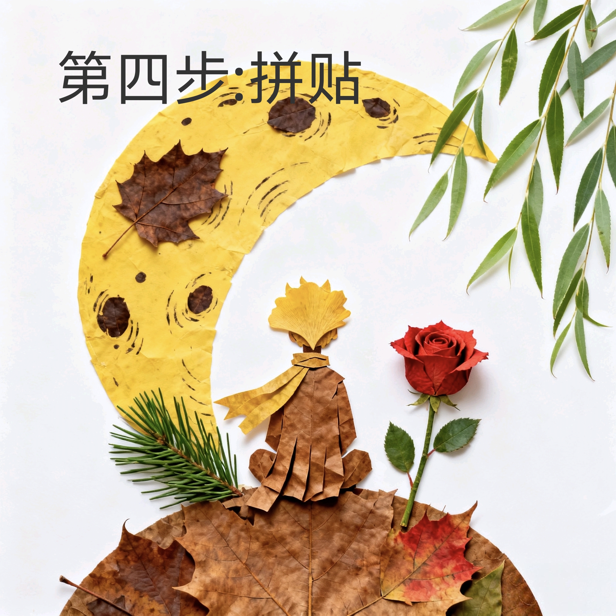 拼贴
拼贴的过程需要极大的耐心和细致。每一片树叶的粘贴位置、角度都需要反复调整，才能达到理想的效果。