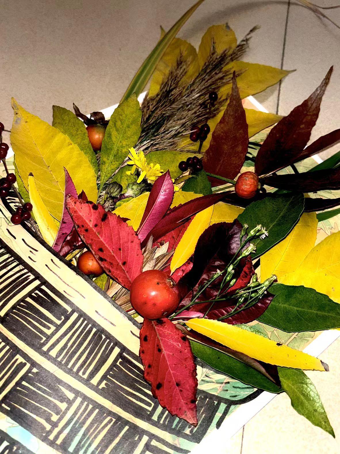 手绘筐纸上，秋的叶、果、草凑成热闹一簇：红的艳、黄的暖，连细碎浆果都裹着季节的甜，把秋意扎扎实实地“装”满了。