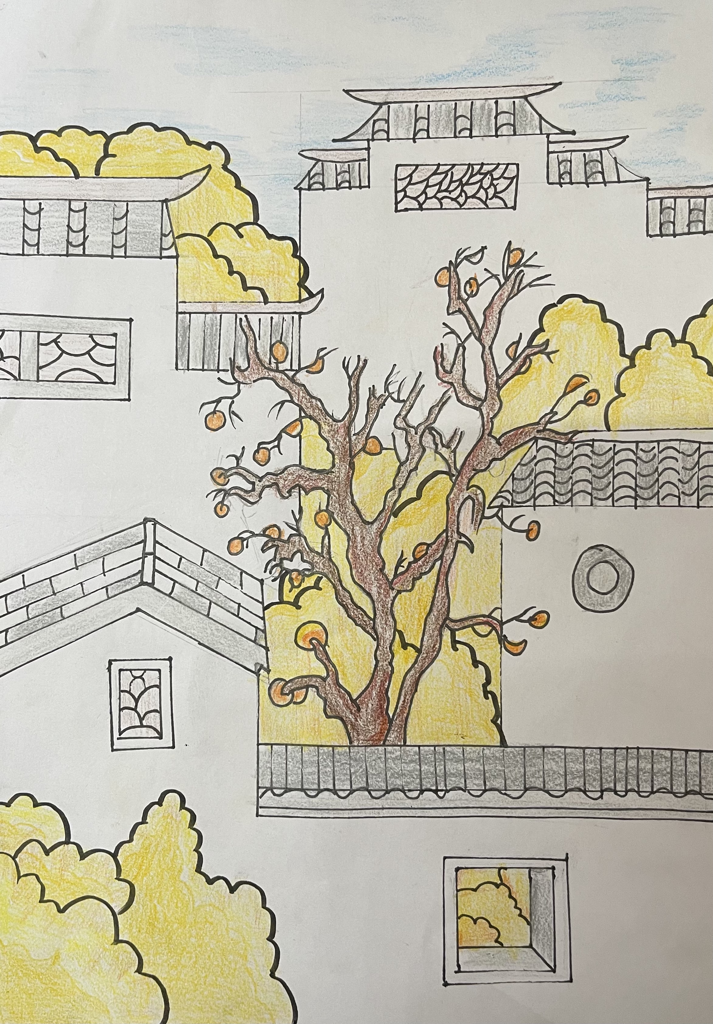 深秋，枯枝上挂满柿果，像一盏盏小灯笼，与灰墙后那树金黄遥相呼应。饱满的橙黄跃过斑驳墙头，点亮了寂寥时节，沉淀着岁月温柔。