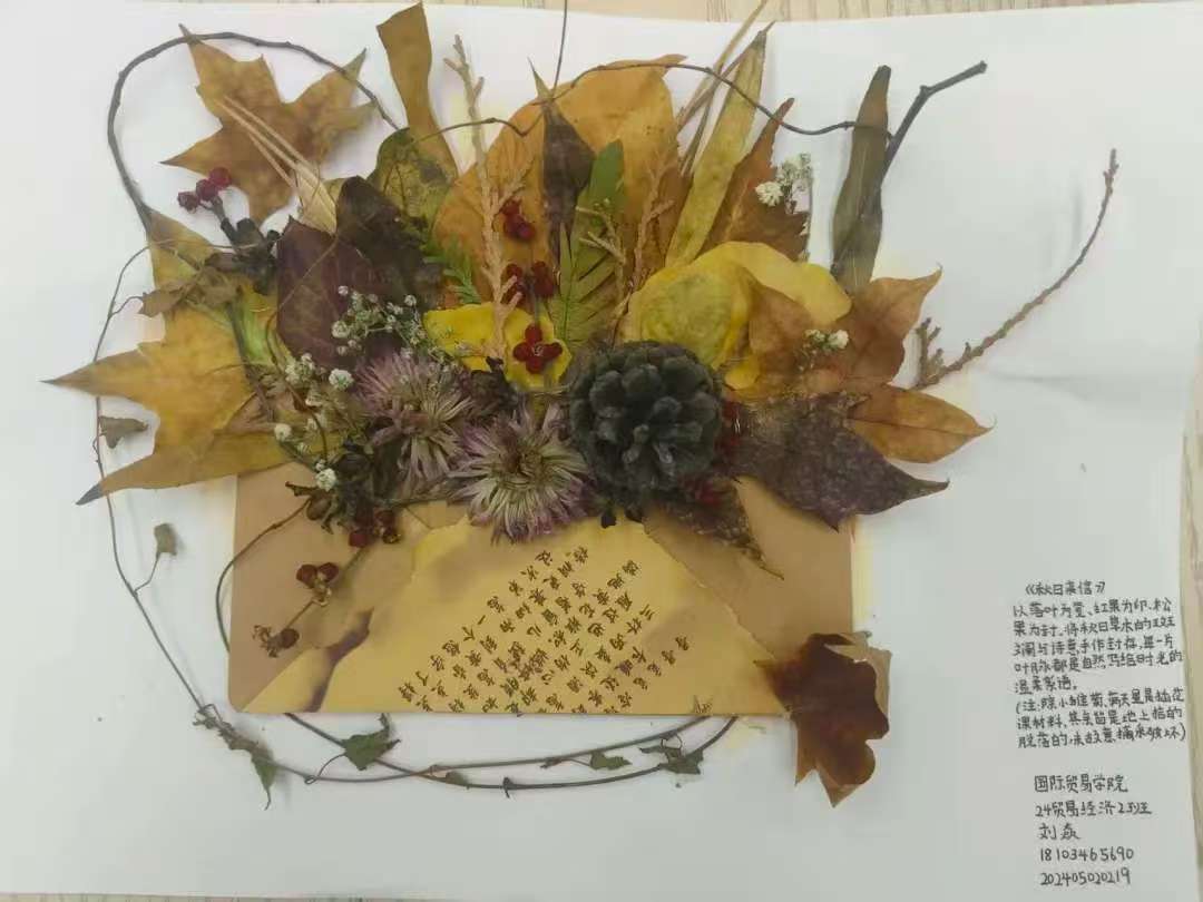 《秋日来信》以落叶为笔、红果为印、松果为封，将秋日草木的斑文闹与诗意手作封存，每一片叶脉都是自然写给时光的温柔絮语
刘焱