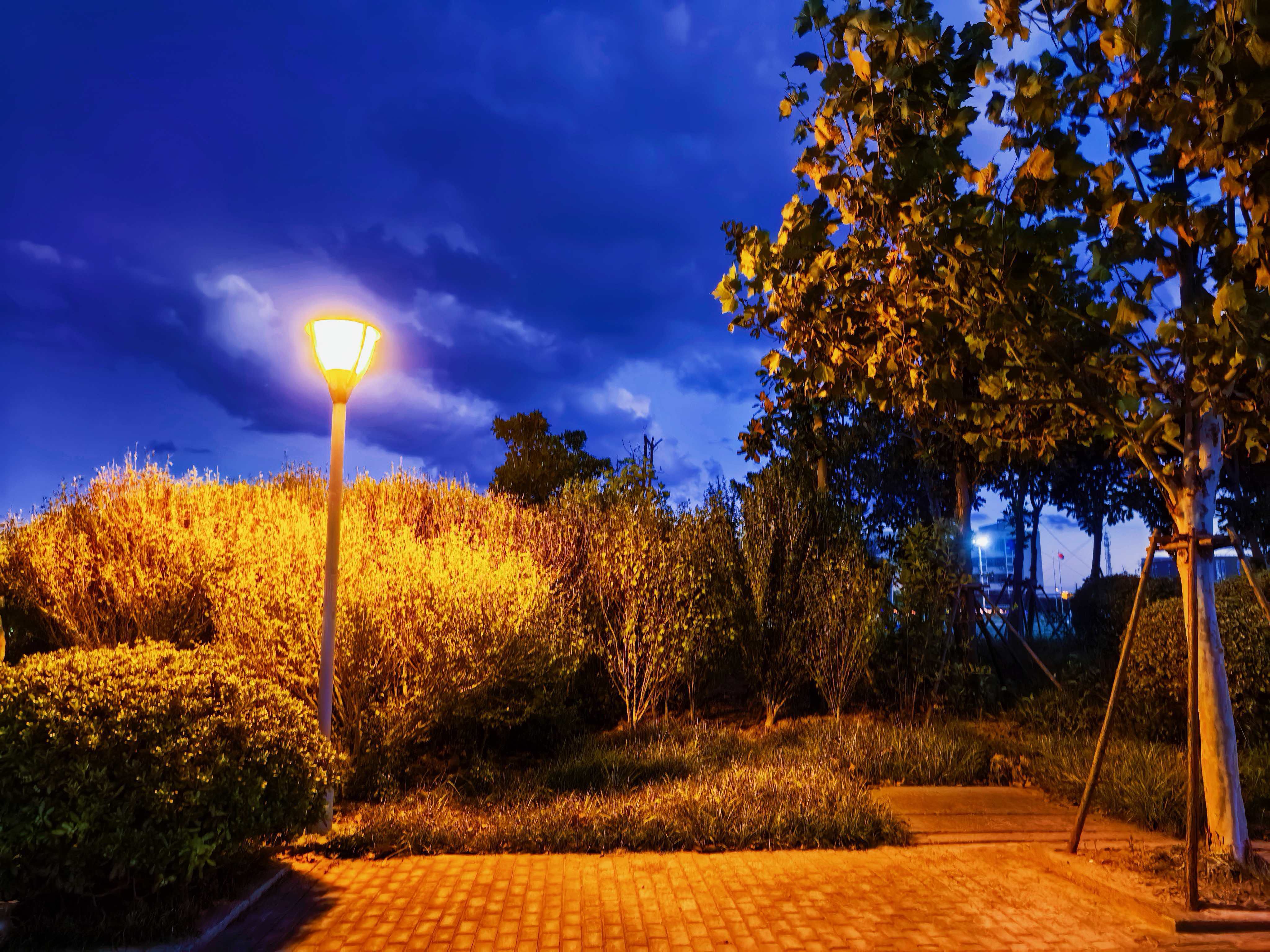 秋夜里，小径的石砖上不仅有月光的清冷，更有路灯的温暖。秋意漫溢间，秋夜轻语，悄悄织就一首关于秋的小诗。