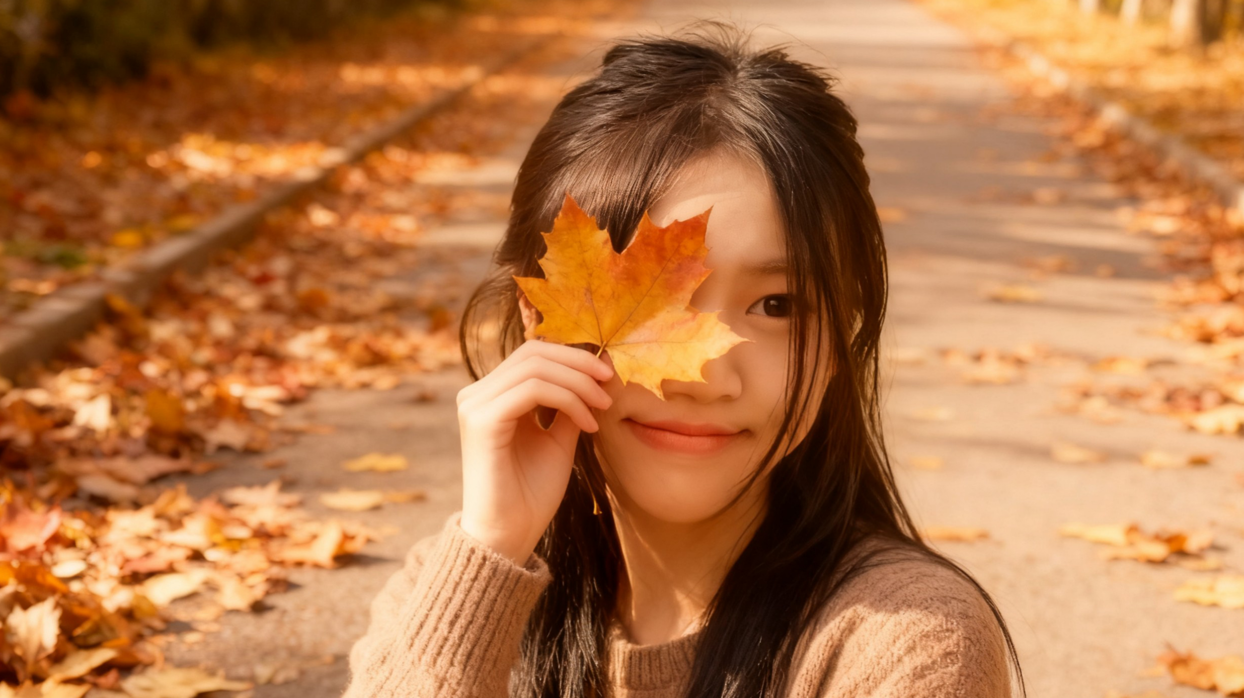 举一片红枫轻遮眉眼，梨涡浅浅藏着欢喜，秋的温柔裹着笑意，原来我与秋的甜，就藏在睫毛轻颤的瞬间～