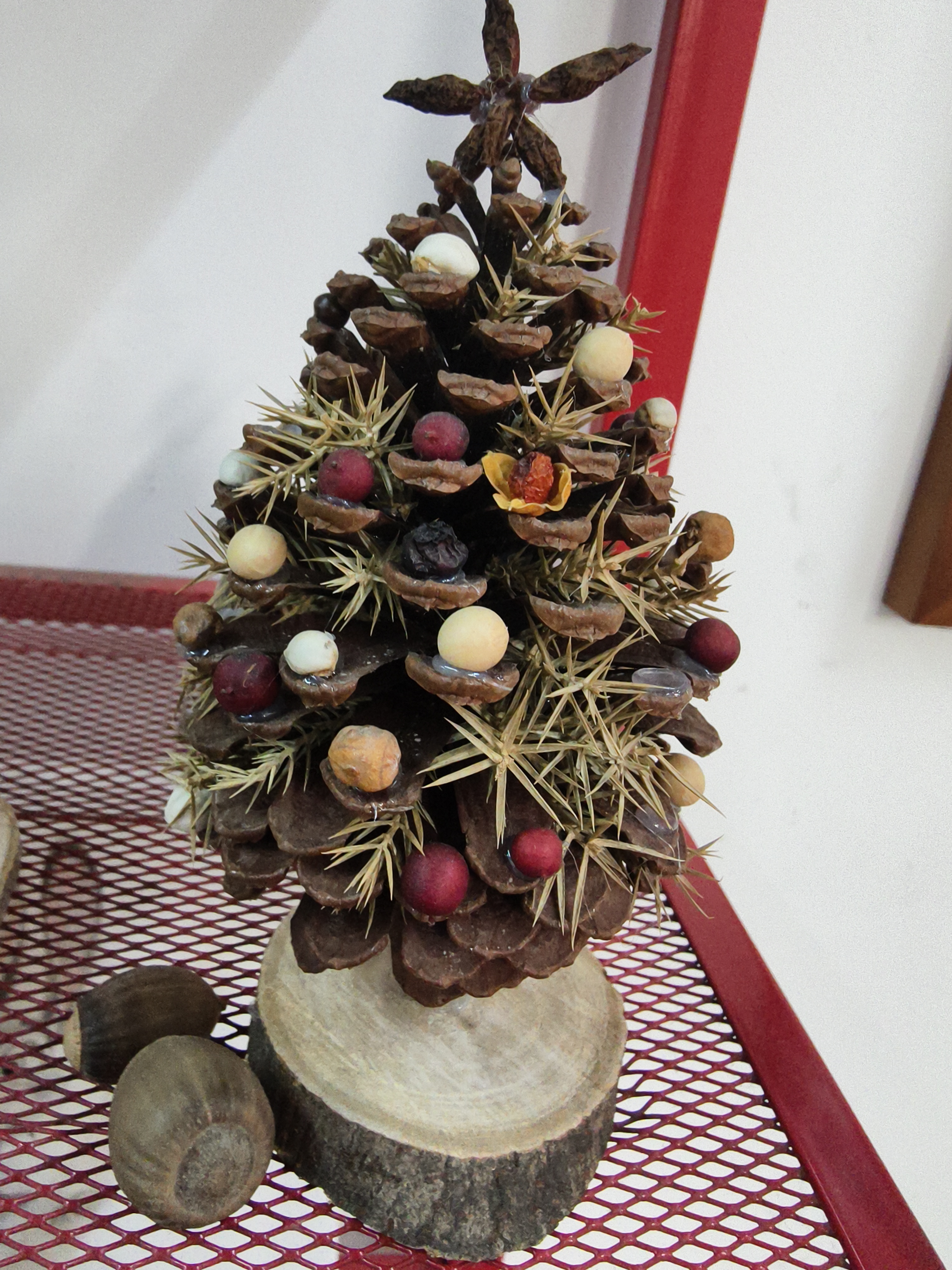 这是一颗松果圣诞树，以松枝作为树枝，野果为装饰，温馨可爱，富有创意，让秋的醇厚肌理映出冬日暖光。
