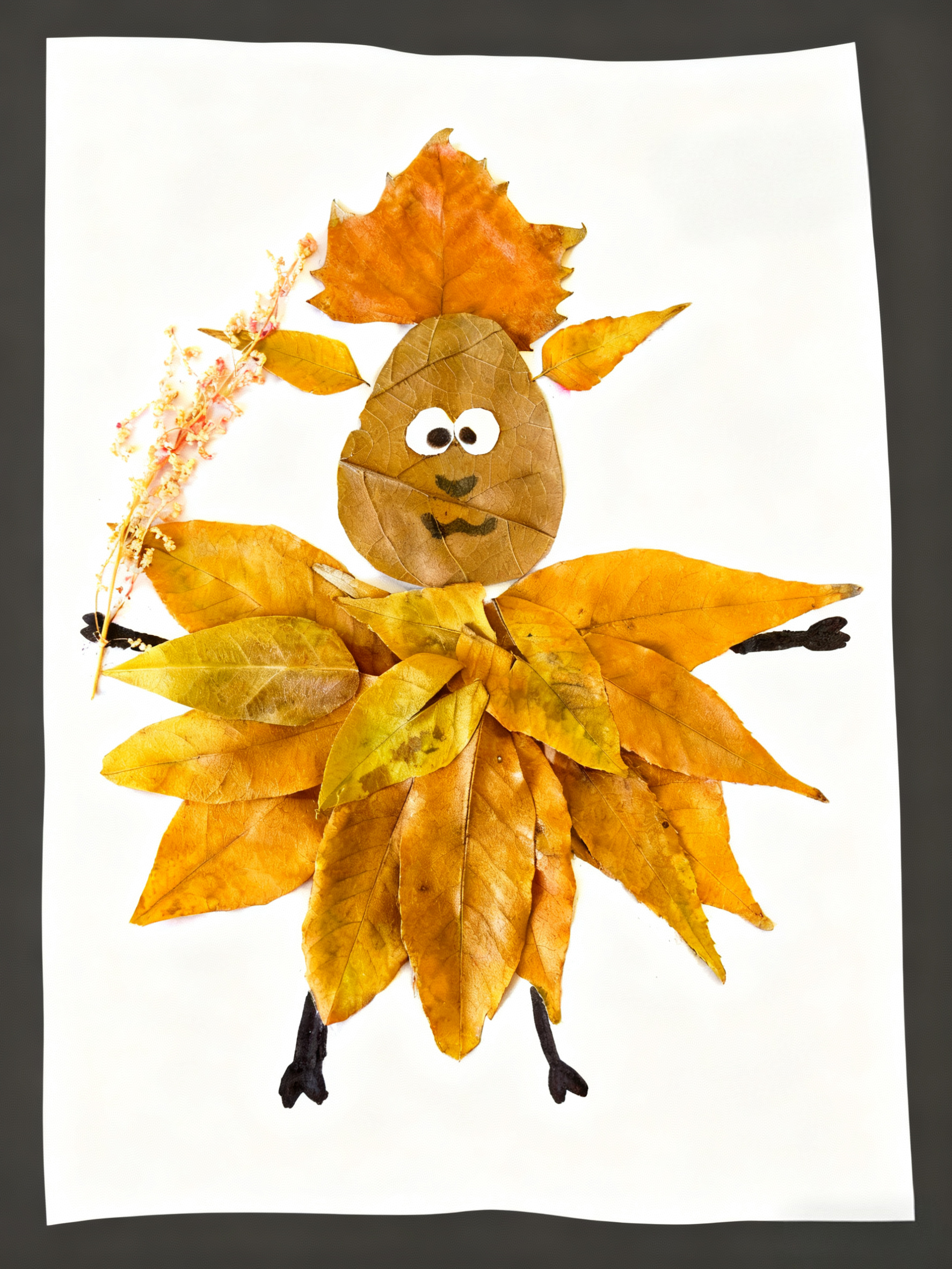 用秋叶拼出戴 “皇冠”、持花束的俏皮形象，黑笔画出五官四肢，让落叶成灵动童趣精灵chong'huo'sheng'ji。
