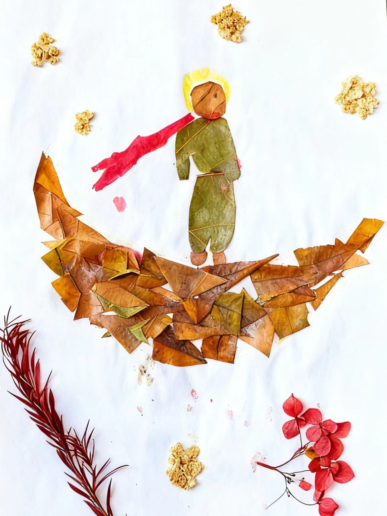 以枯叶勾勒月牙，绿叶裁作衣衫，细碎干花点缀成漫天星辰。仿佛从星球坠入怀抱，在花叶交织中续写着纯真童话，满是梦幻与温柔。