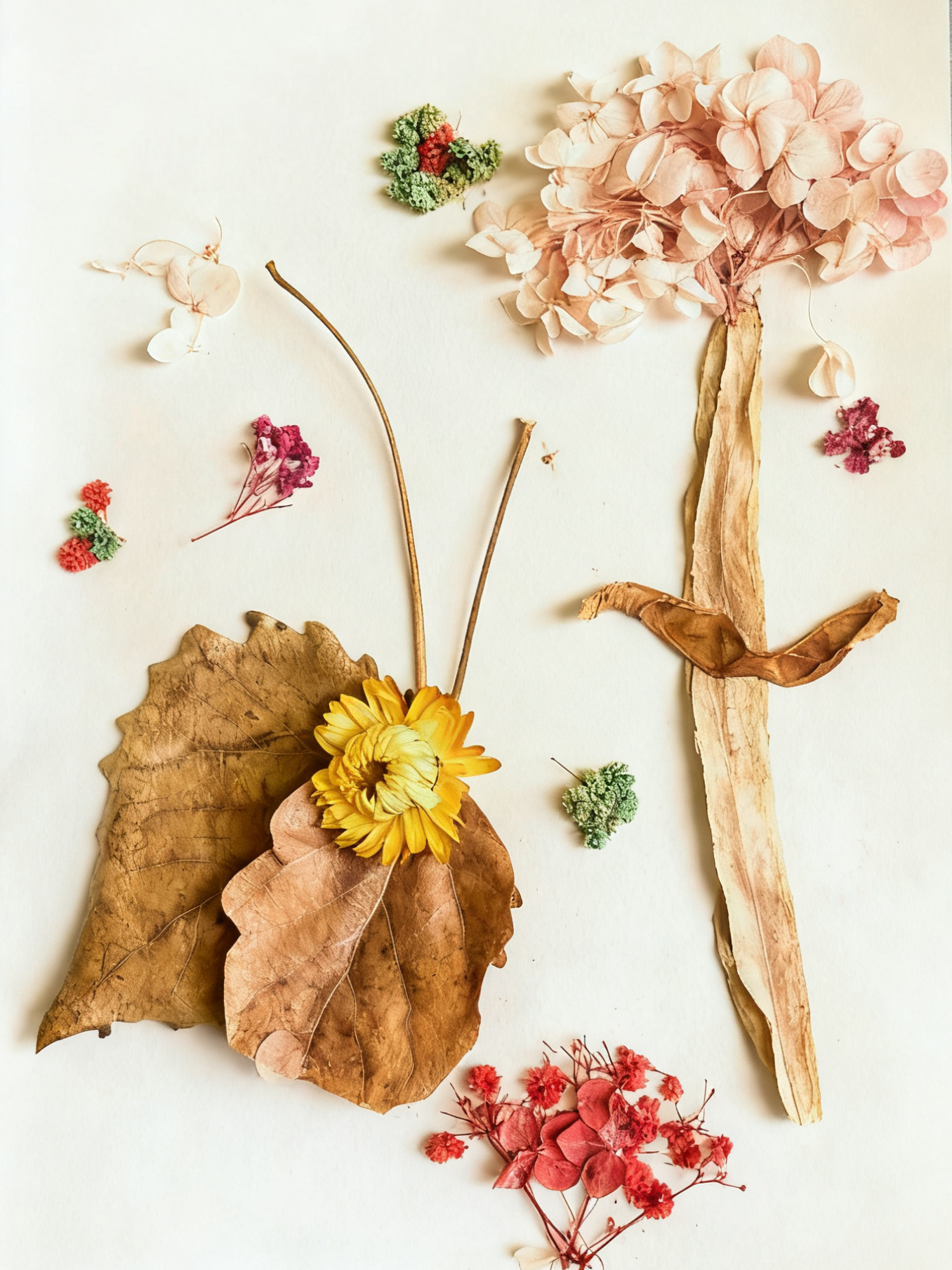 以纹理独特的枯叶为基底，错落点缀各色繁花与细碎花叶。构建出一方微型自然小景，花朵娇艳叶片灵动，让凋零的花叶重焕鲜活生机。