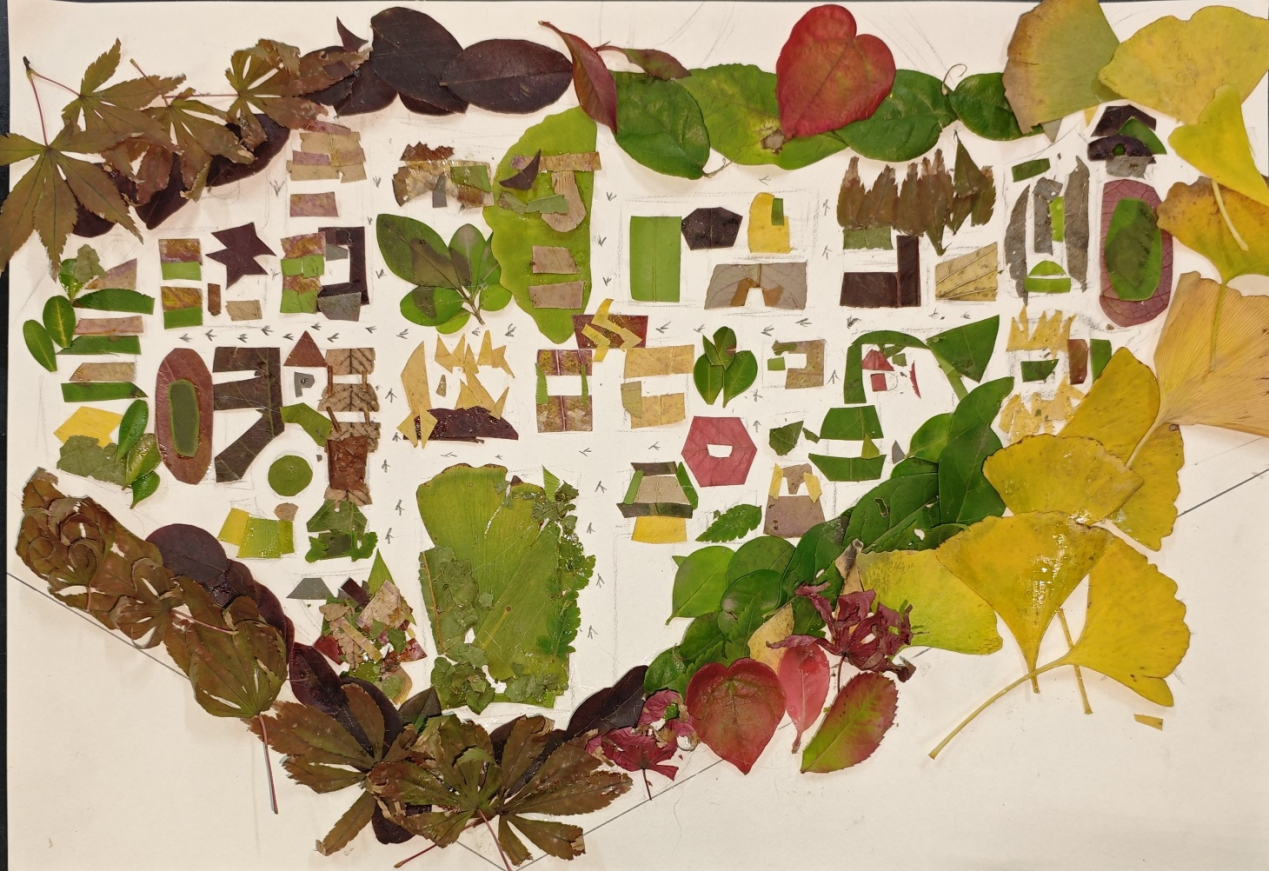 以落叶为天然颜料，拼贴出教学楼、林荫道、恩泽碑、图书馆等校园建筑轮廓，复刻地理空间的同时，收藏了校园时光的温暖记忆。