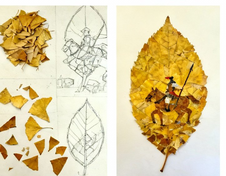 那天晚上，宿舍书桌成了他的“战场”。他先把叶子按大小分类，摊开速写本画草图，笔尖在纸上勾勒出骑士骑马持矛的轮廓。