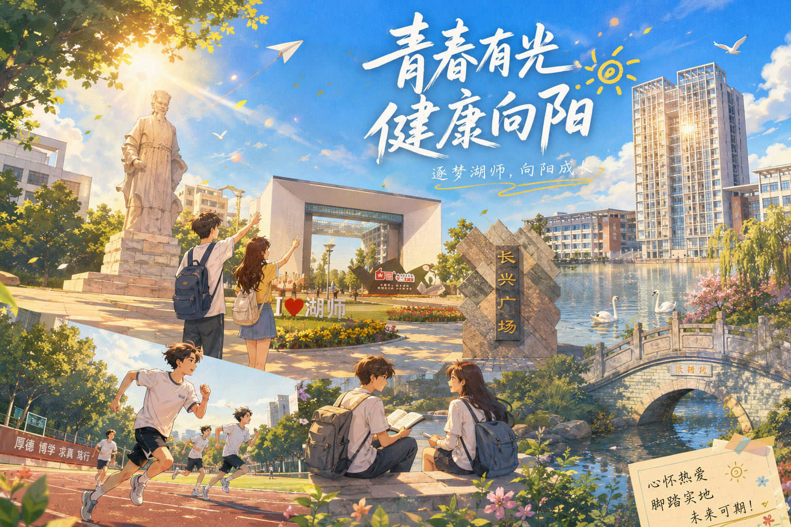 《向光而行》以校园地标为核心，用明亮动漫风展现湖师学子朝气蓬勃、积极向上的精神风貌。传递新时代青年追光逐梦、奋发向阳的青春力量。
