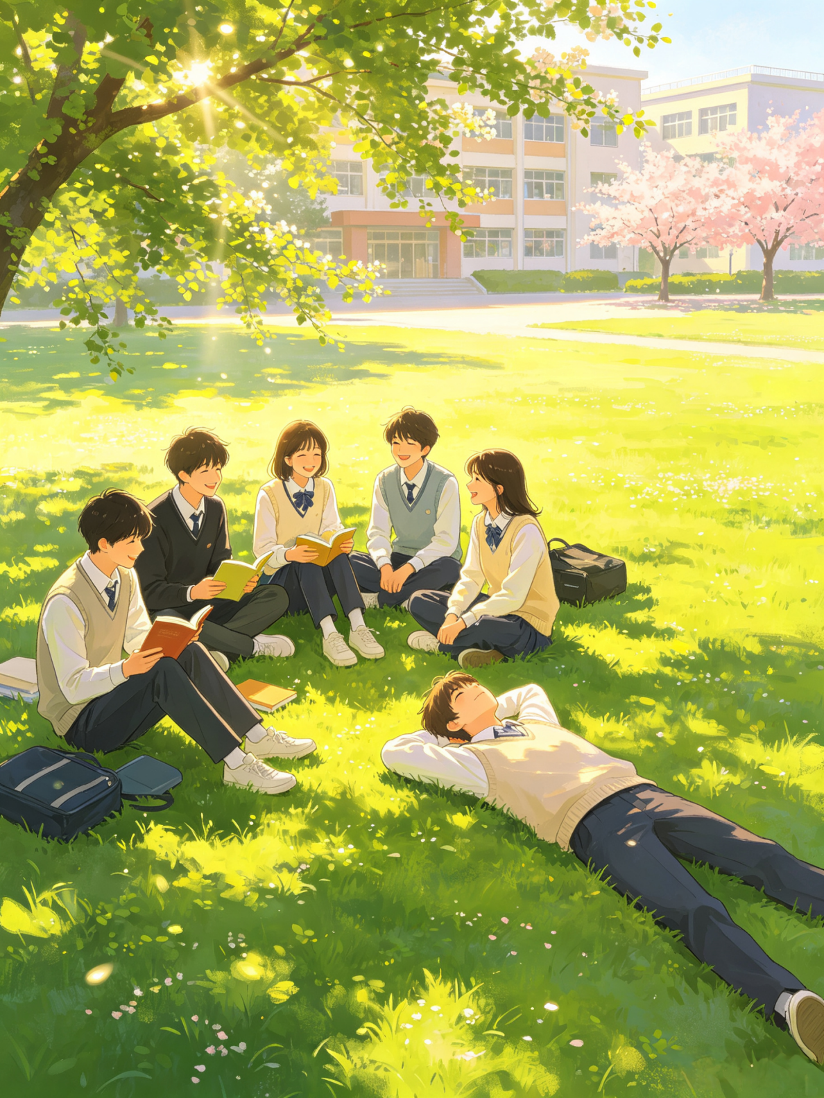 《沐光而行，青春向阳》春日校园草坪上，青年学子沐阳共读、自在休憩，光影交织，色调鲜活，尽显青春松弛明媚与向阳向善的成长力量。