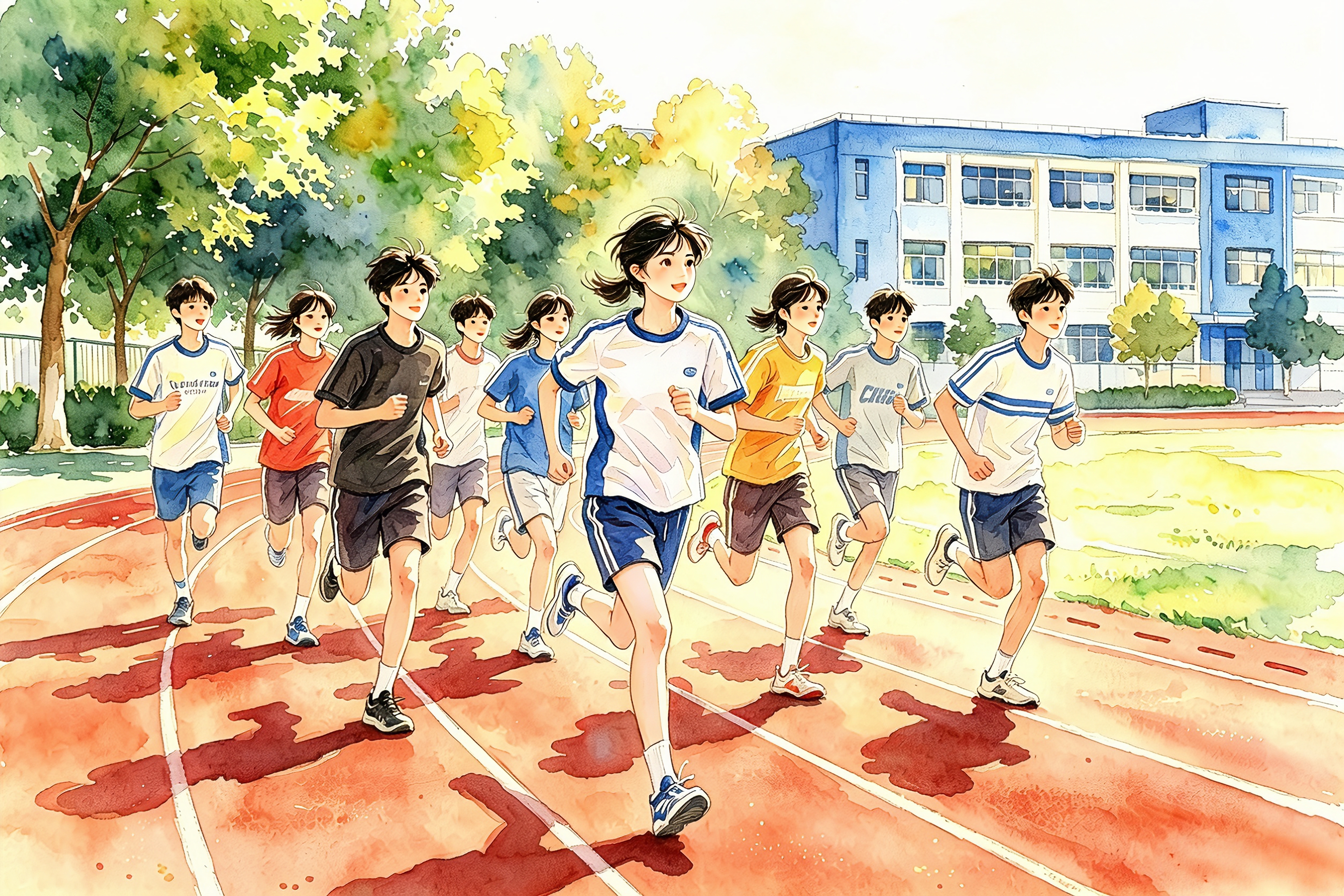 《向阳奔跑》这幅水彩画以校园跑道为场景，描绘了大学生们迎着晨光奔跑的姿态，展现青年学子向阳生长、昂扬向上的精神风貌。