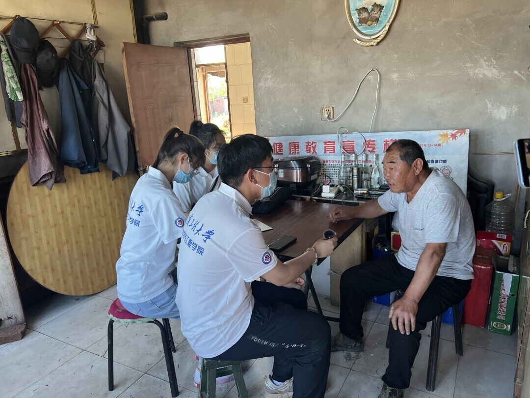 图为实践团成员对临江乡当地农民情况进行调研，了解村内基本情况，记录村民对于这些年乡村变化的感想和感触。