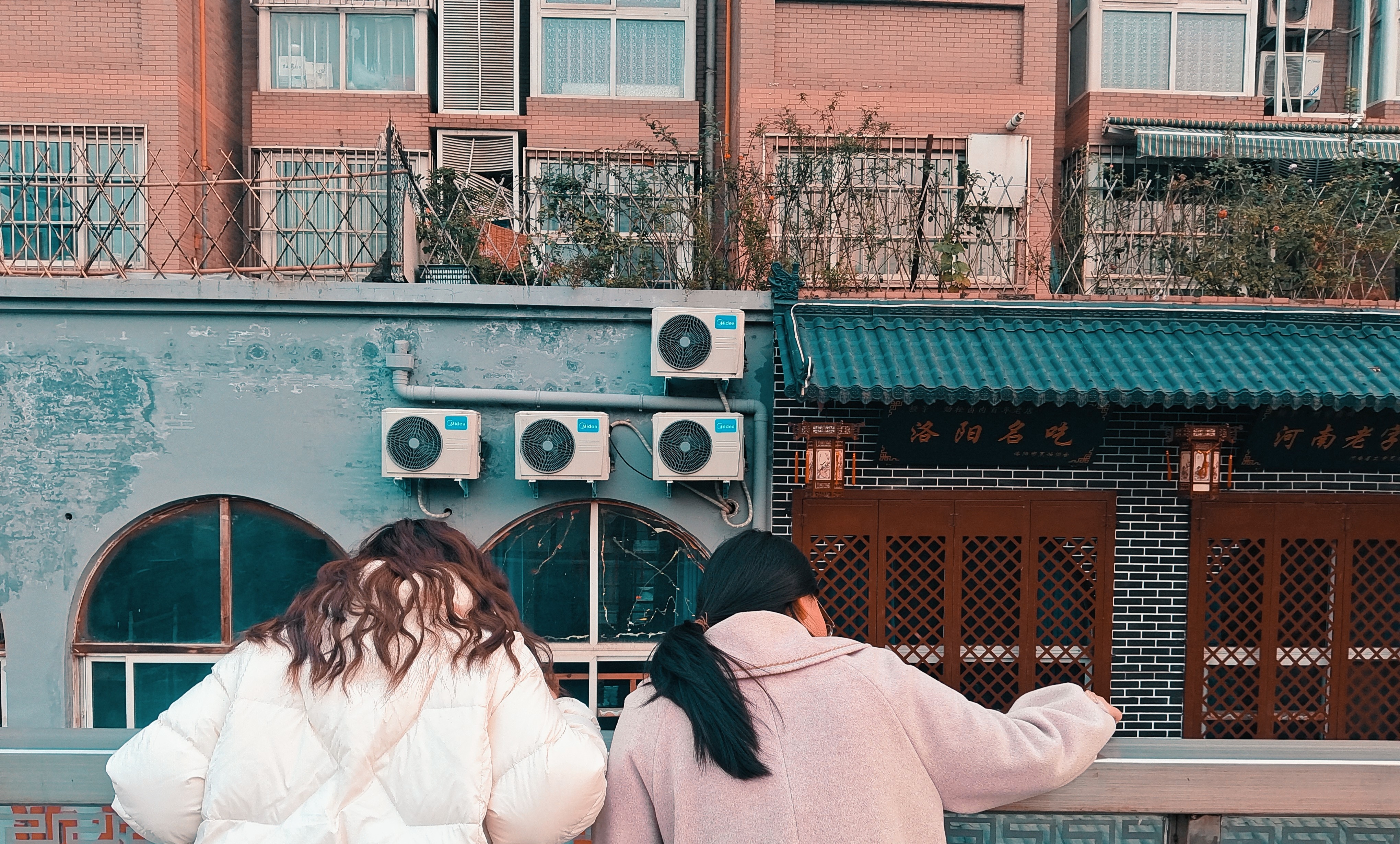 一起在天桥看车水马龙。