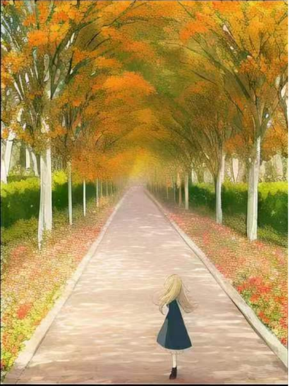 道路两侧金灿灿的落叶是秋天的浪漫,女孩孤身一人行走,整张图是浪漫与