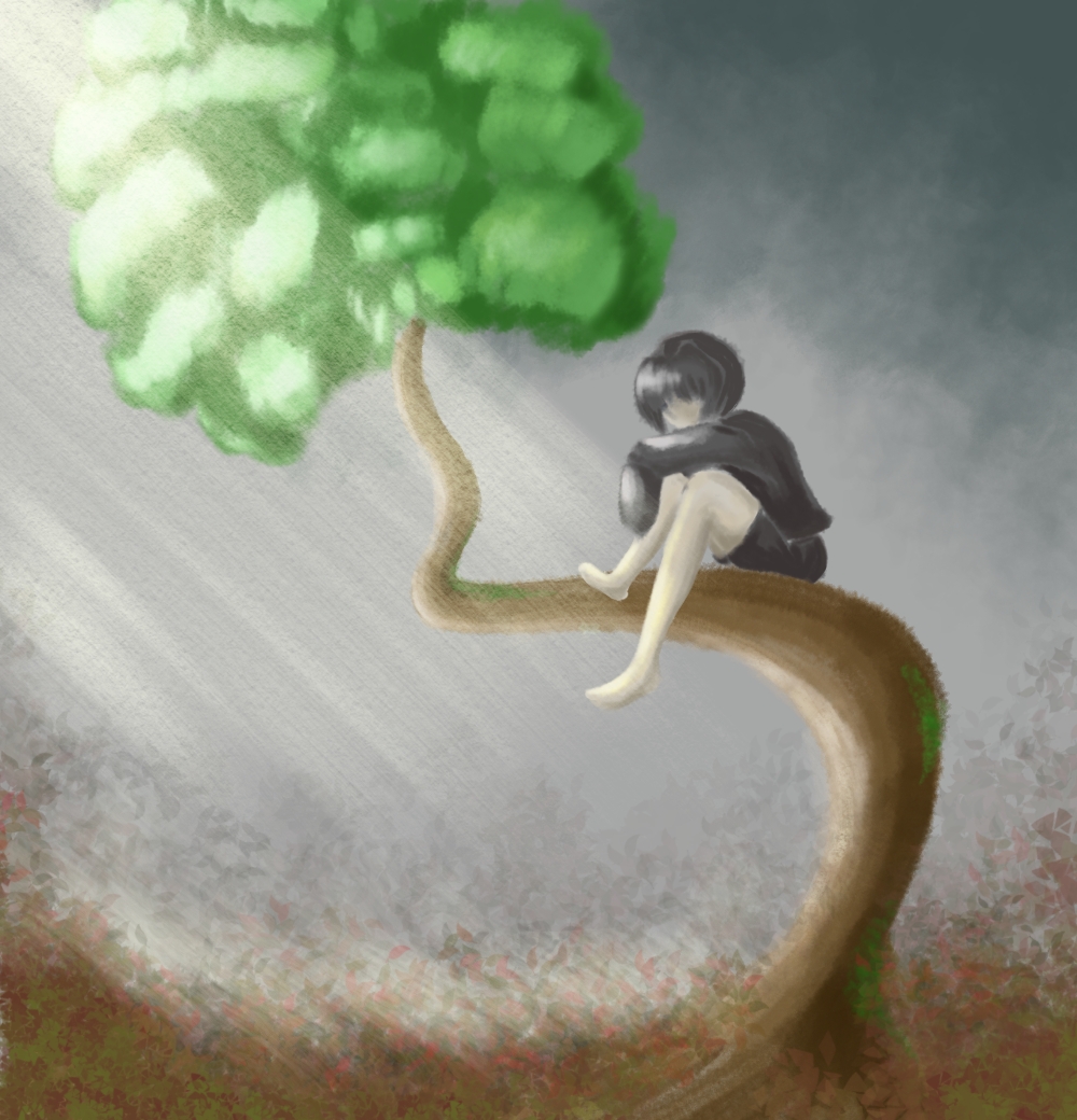 《只有一棵歪脖树》独自坐在空旷的歪脖树上的小女孩代表脱离熟悉的