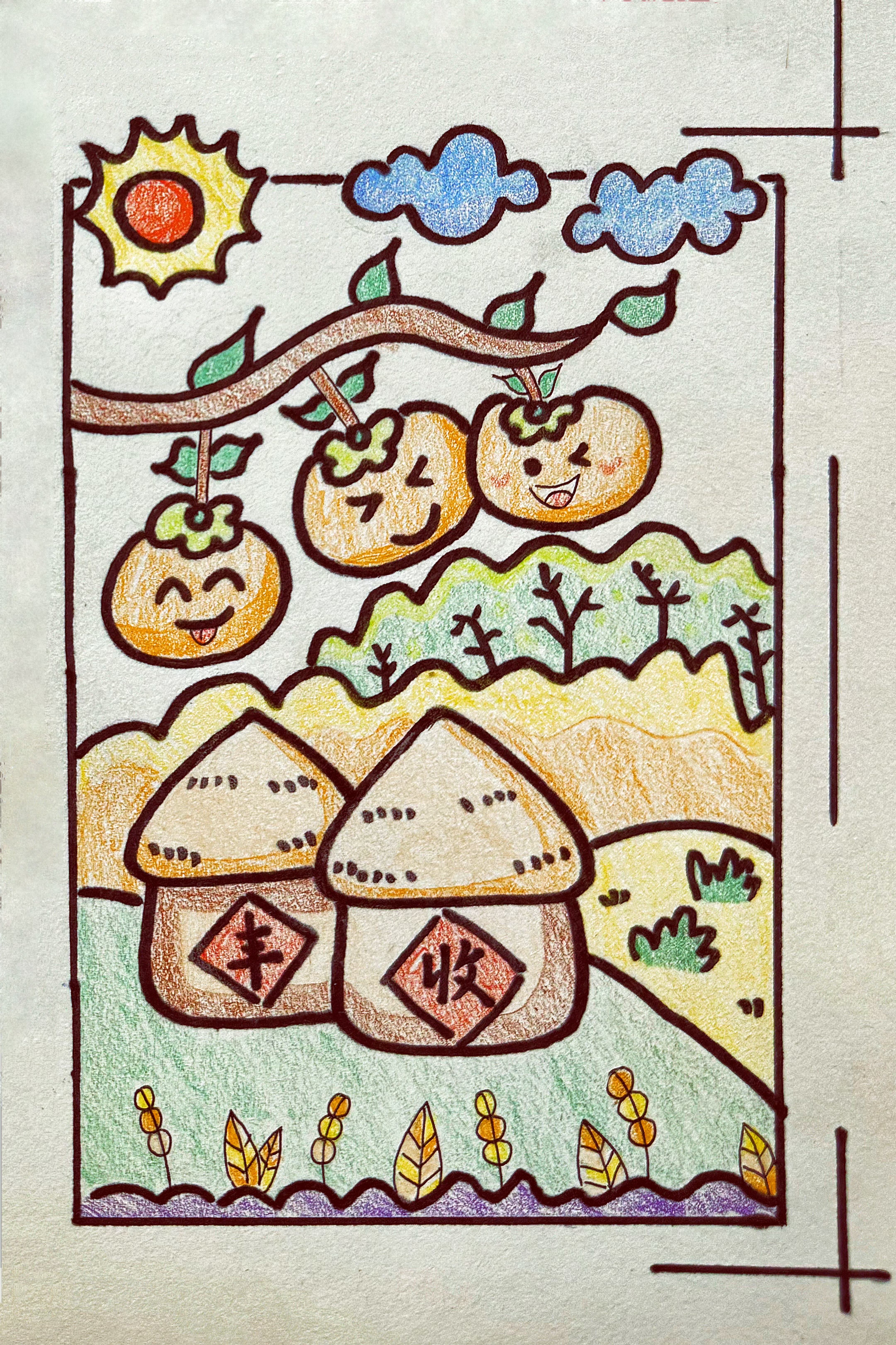 在zu hua的右下方，一片丰收的景象被展现出来，三个柿子，象征着事事如意。