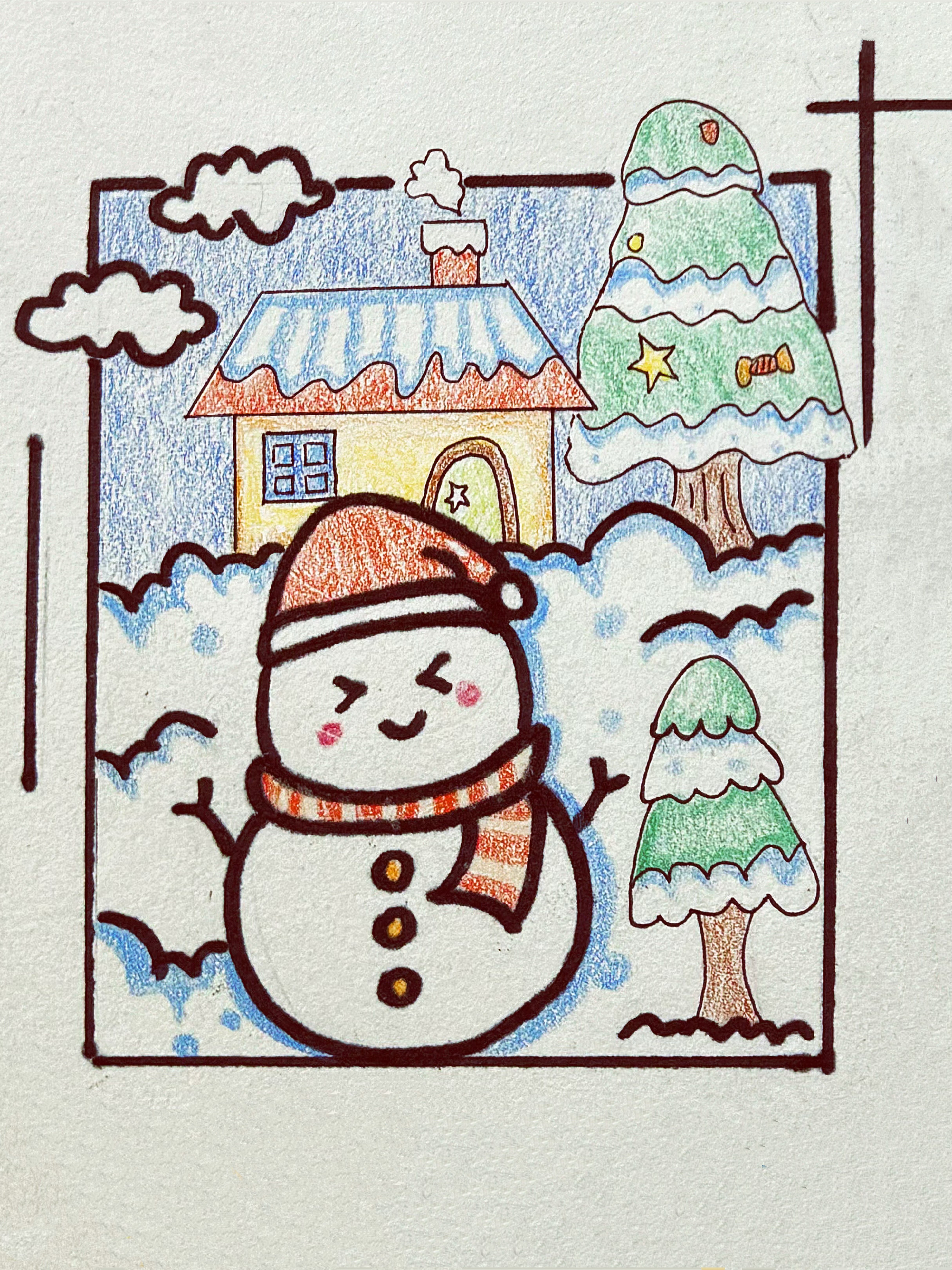 雪人被描绘成了一个可爱的形象，站在画面的左中央，头戴帽子，身上围着围巾，它的出现让人感受到了冬季的寒冷和纯洁。