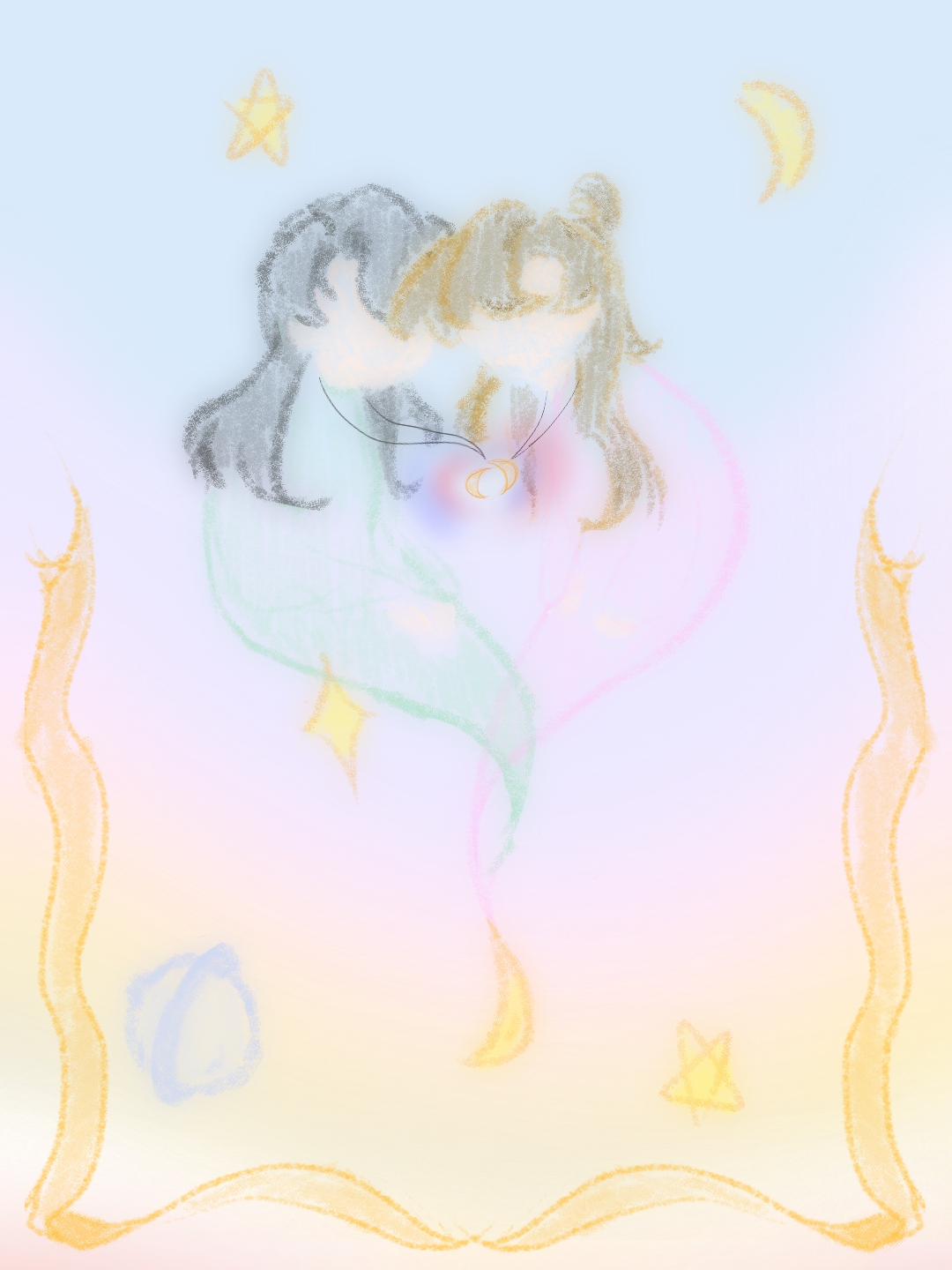 艺术插画：两个女孩身体似月亮形，相缠形成一个甲骨文的“月”字。整幅画用梦幻的氛围和淡雅的颜色，体现出友谊的美好、皎洁。