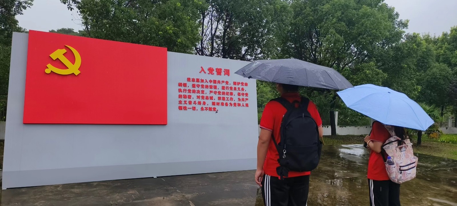 图为实践队员雨中诵读入党誓词。中国青年网通讯员李福林摄