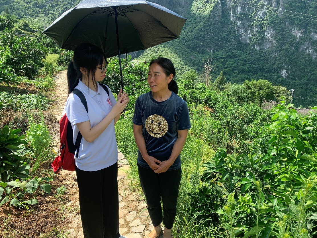 图为三下乡成员前往下庄村柑橘种植田，在种植户陈祖英的讲解下了解当地农作物运营模式。通讯员 王欢 摄