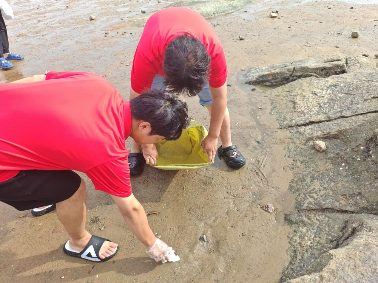 图为团队成员弯腰捡拾易分解纸张。季舒供图