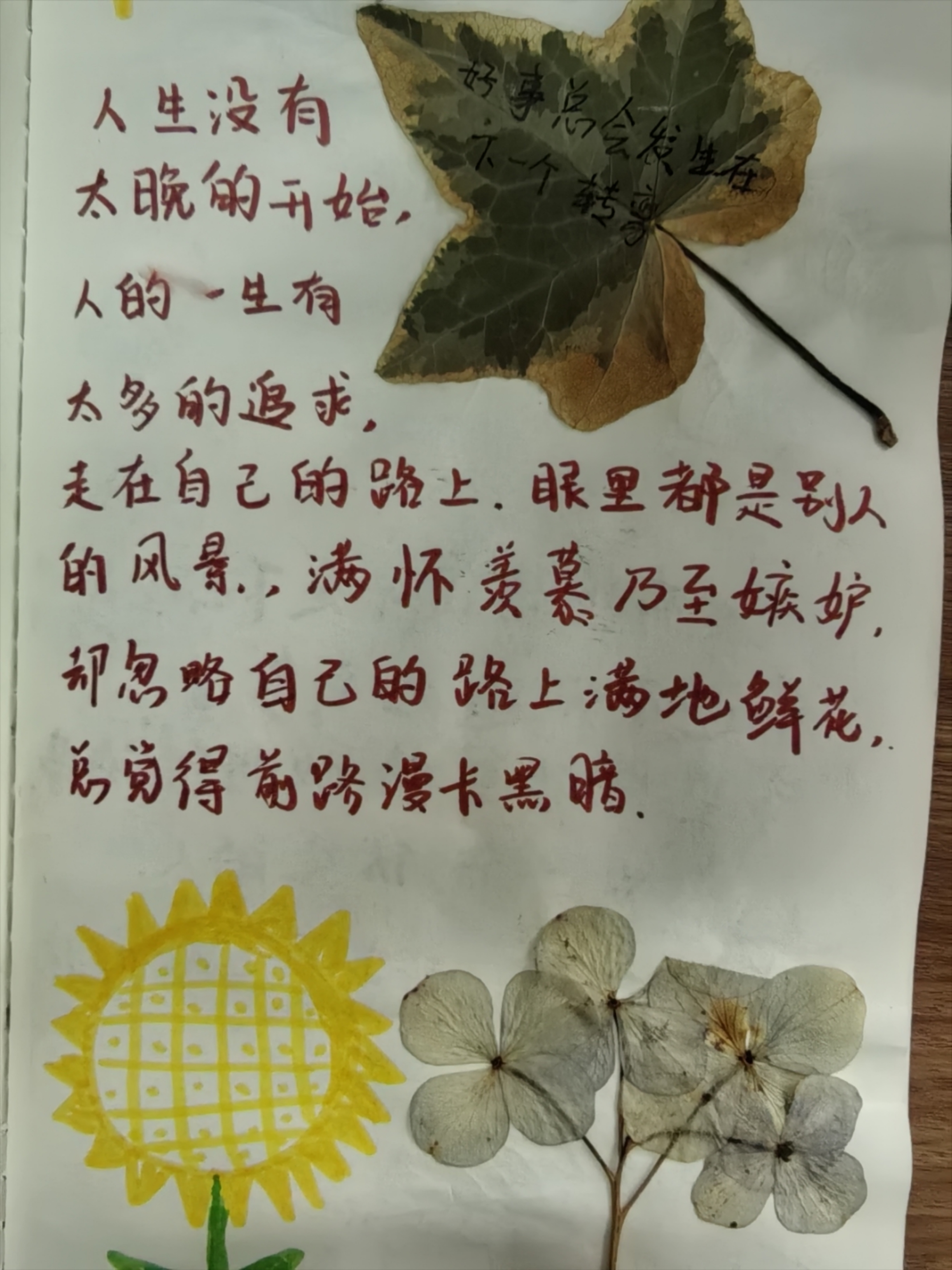 人的一生有太多的追求,走在自己的路上，眼里都是别人的风景,满怀羡慕乃至嫉妒,却忽略自己的路上满地鲜花。