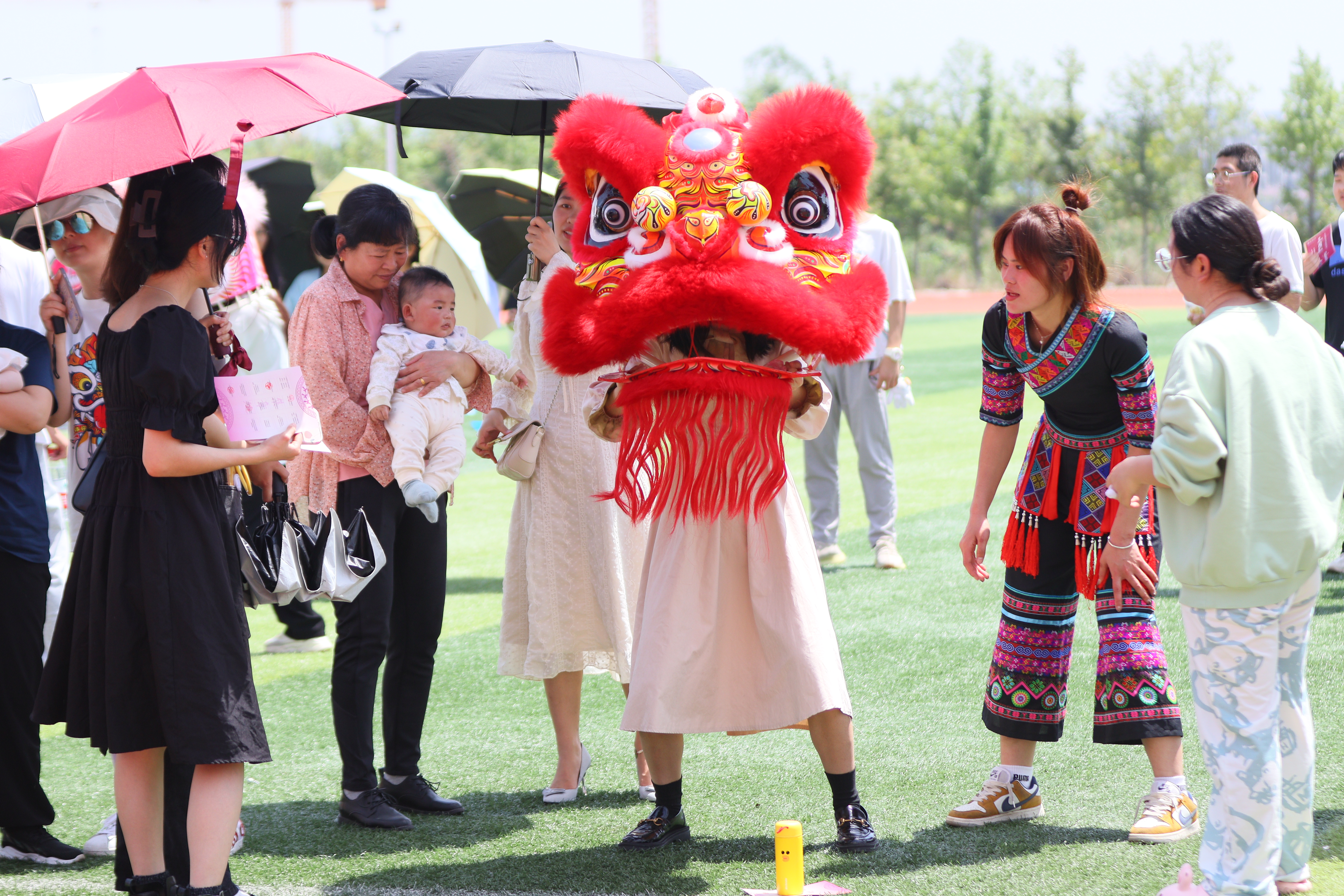 舞龙舞狮协会开展龙师体验活动，操场上，体验者们在协会成员的指导下学习舞狮头的基本动作，一招一式憨态可掬。