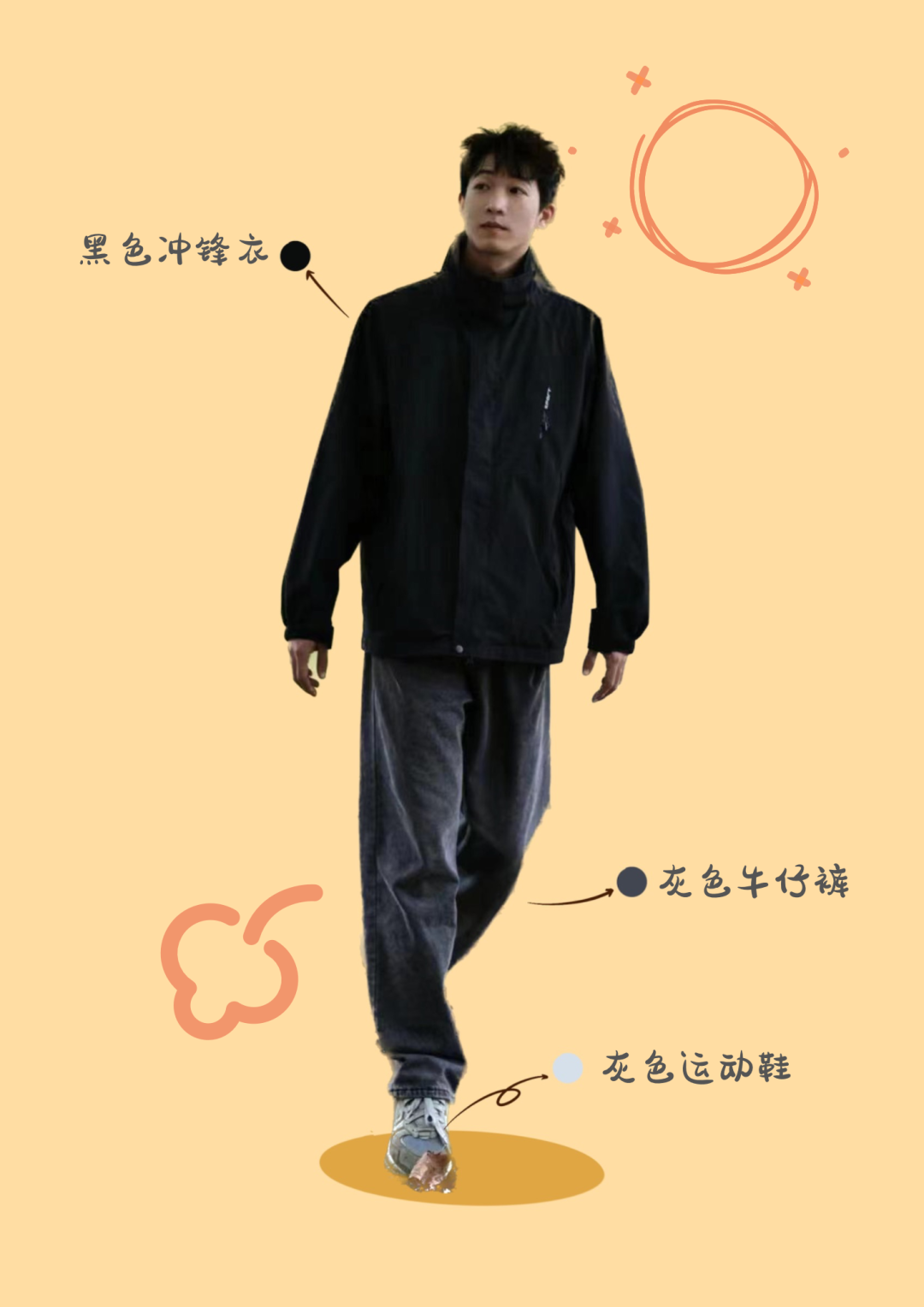 Look 2：黑色冲锋衣搭配灰色牛仔裤，再配上一双同色系运动鞋。
西南科技大学郝涵琳 制