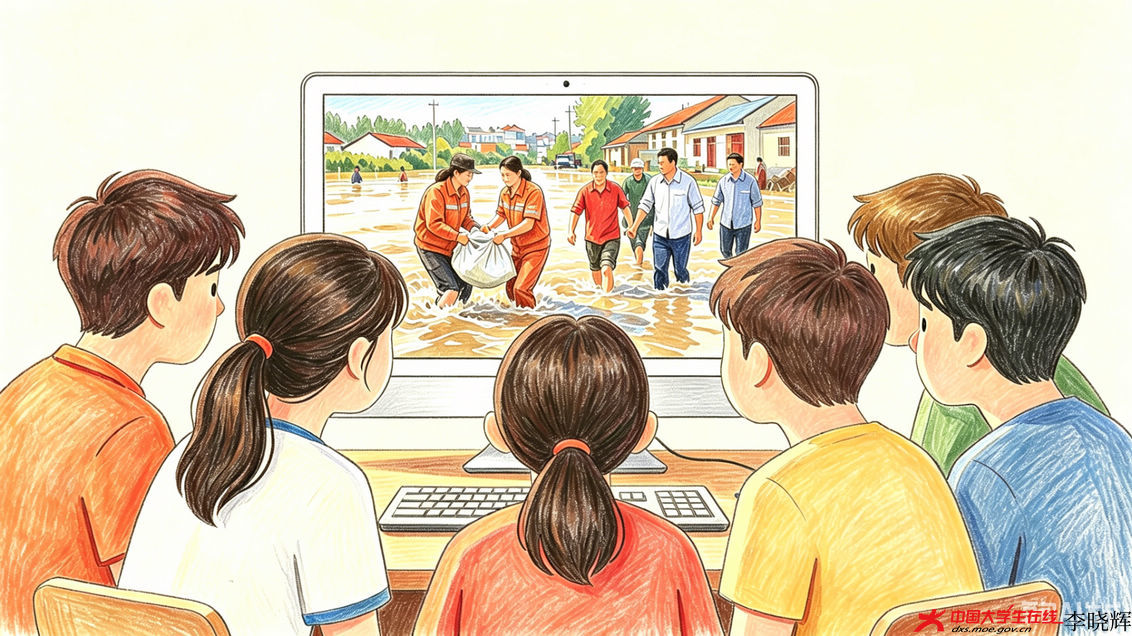 学生看抗洪抢险电脑插画.jpg