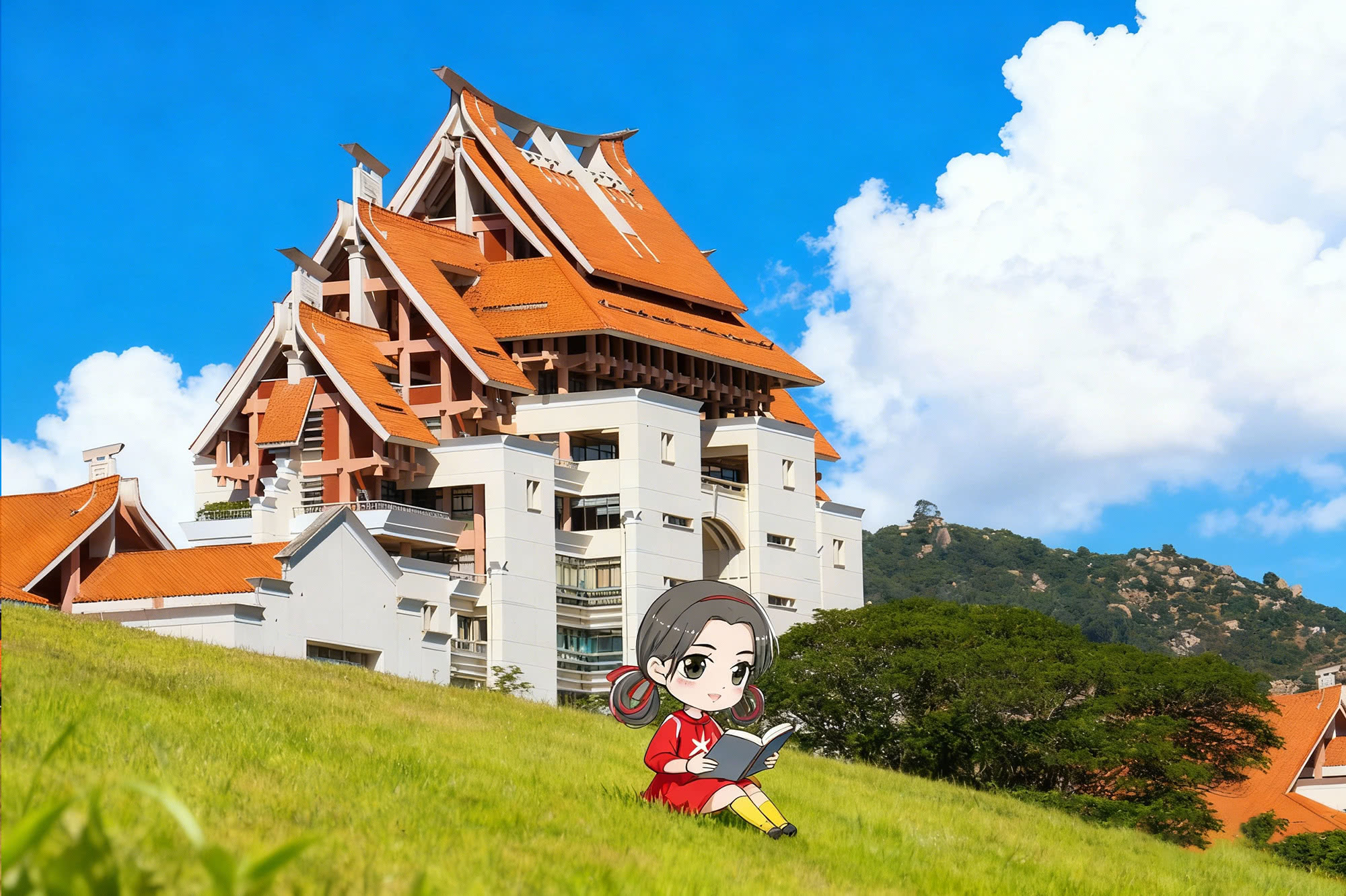 澄澈的秋空下，教学楼静静伫立。红顶檐角闪烁着金色的暖阳，足边生长着一片墨绿，沉静温柔得想多望几眼。步履匆匆备考路，因这抹红、这片蓝、这簇绿，多了几分让人安心的暖意。（摄影：黎秦鑫，小中由即梦AI生成）