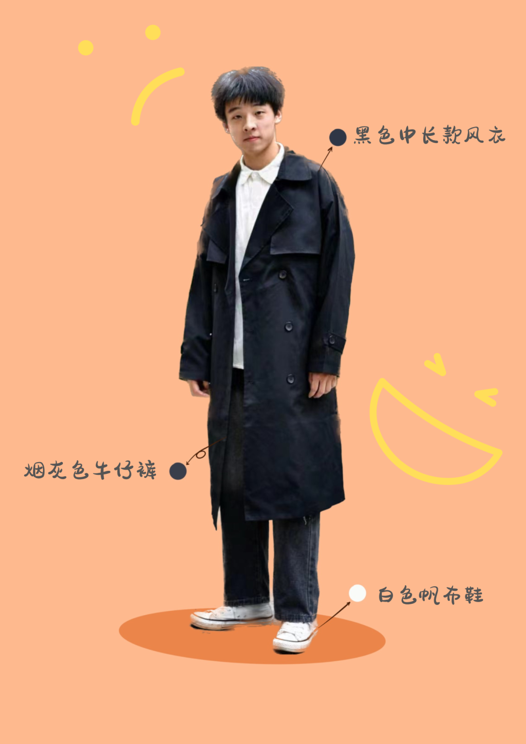 Look 6：黑色风衣 +白色衬衣，再搭配一双白色帆布鞋。
西南科技大学刘思宇 制