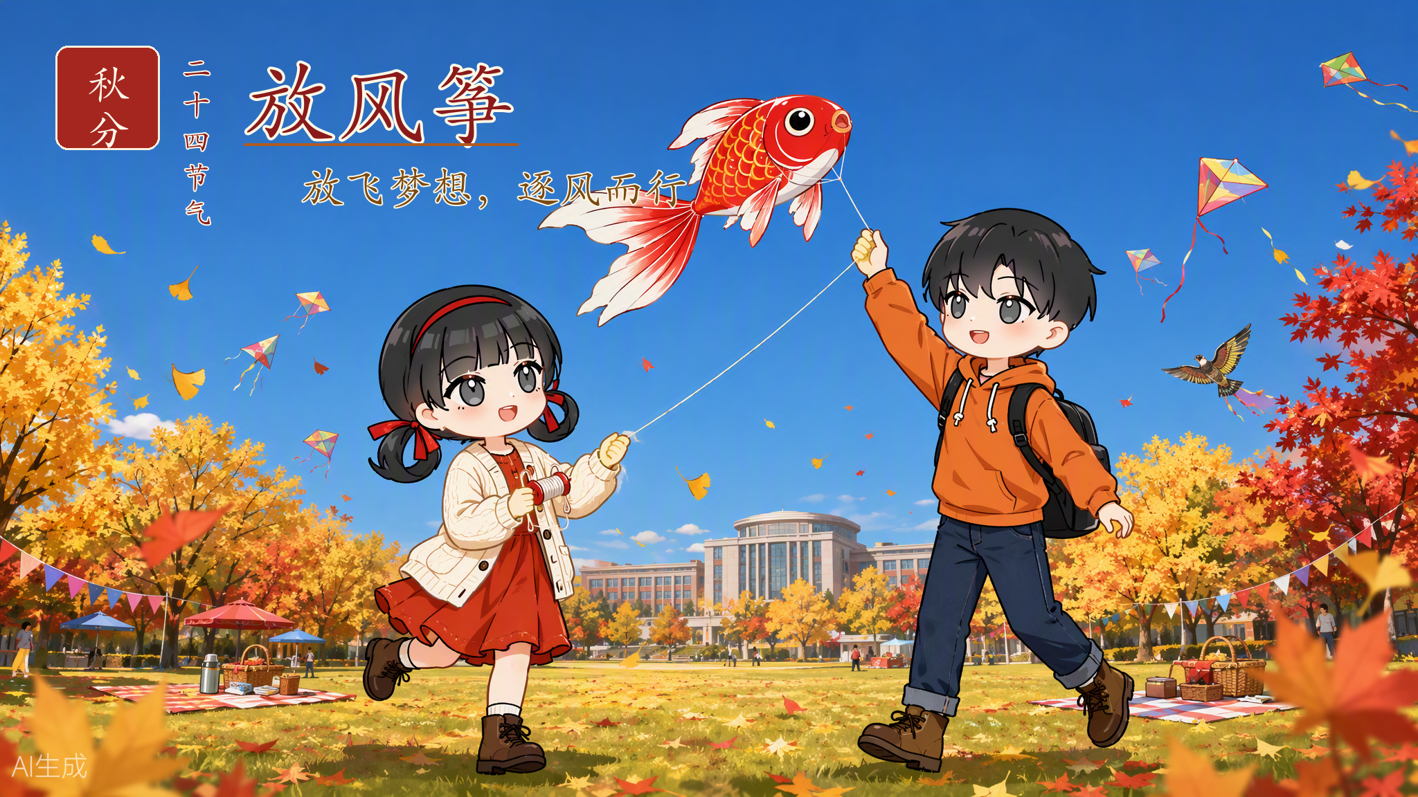 秋分风清云淡，正是放风筝的好时节。风筝乘风而起，长线始终握在手中。愿同学们既敢于让梦想高飞，又握得住脚下的方向，逐风而行、志存高远，让青春在蓝天写下行行诗句。