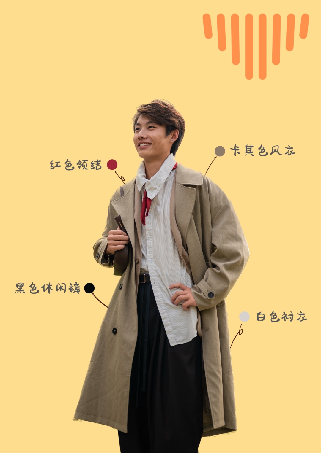 Look 4：白衬衣外搭浅卡其色的风衣，领口点缀一条红色领带。
西南科技大学刘思宇 制