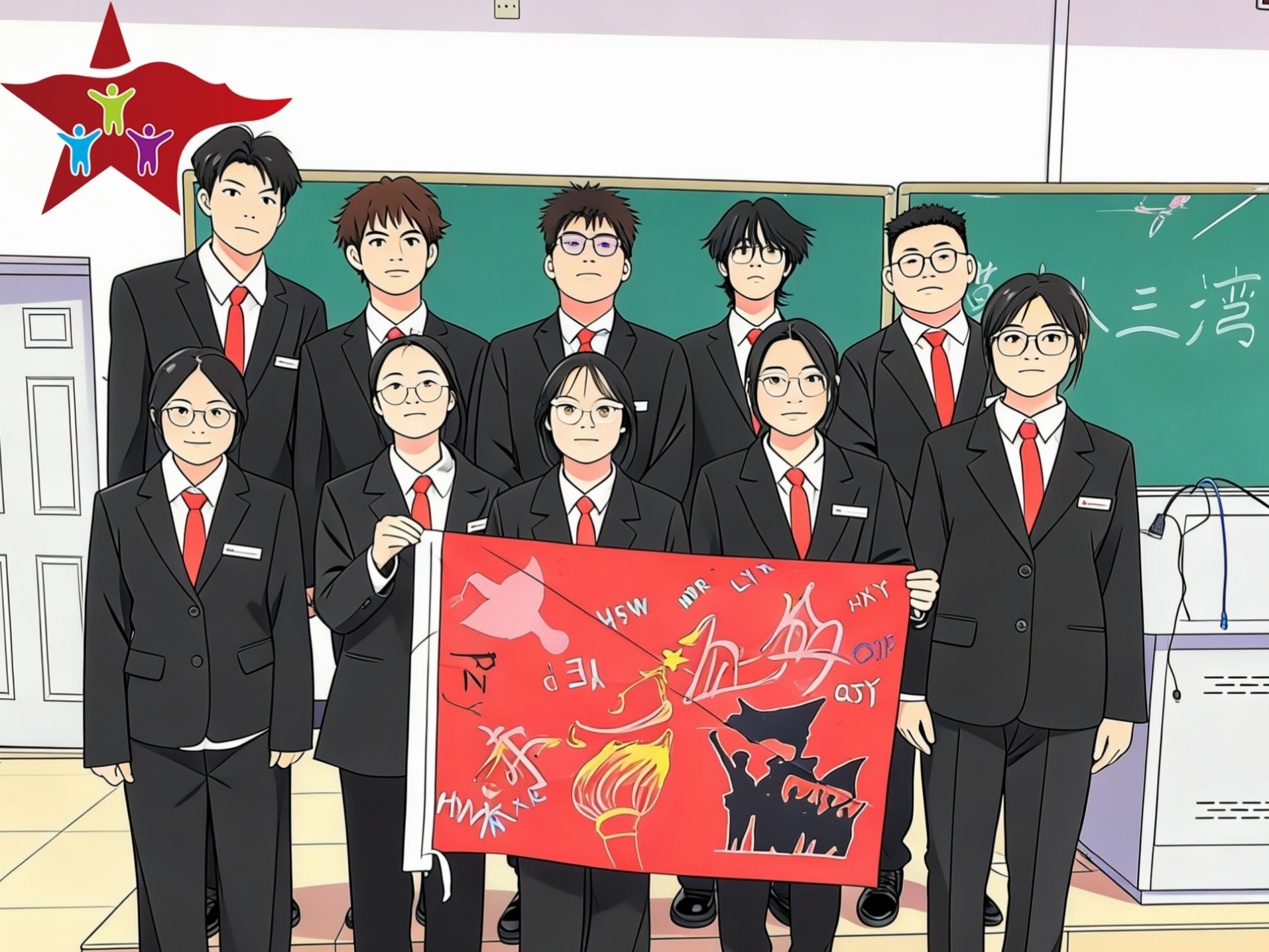 我们共同托举亲手绘就的排旗，笔墨绘初心，将“赤心逐梦”的信念凝于旗间。