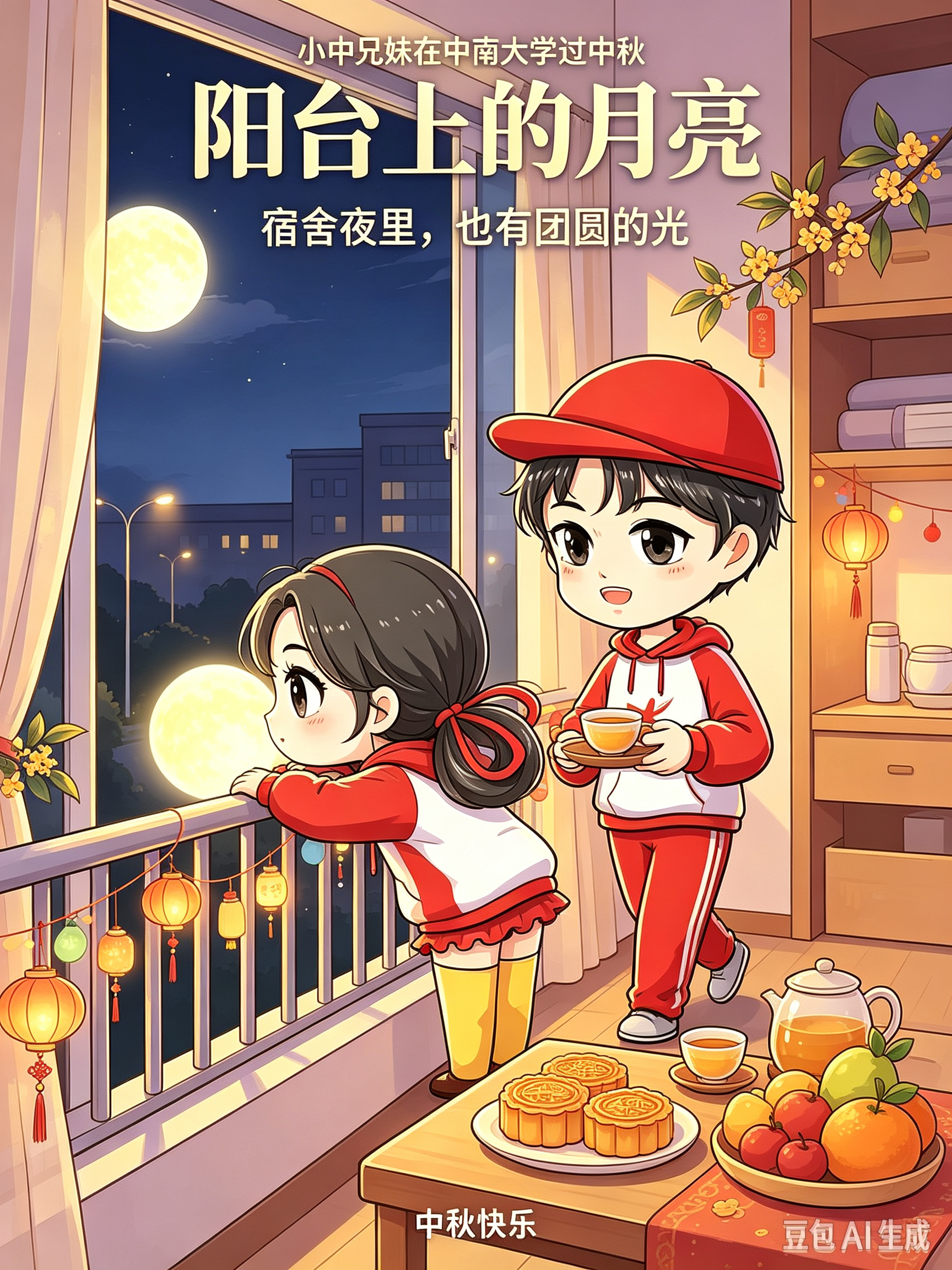 宿舍阳台揽清辉，圆月遥遥挂夜空。凭栏望月，热茶相伴，不必远归，在中南宿舍，也能遇见温柔圆满的月光。