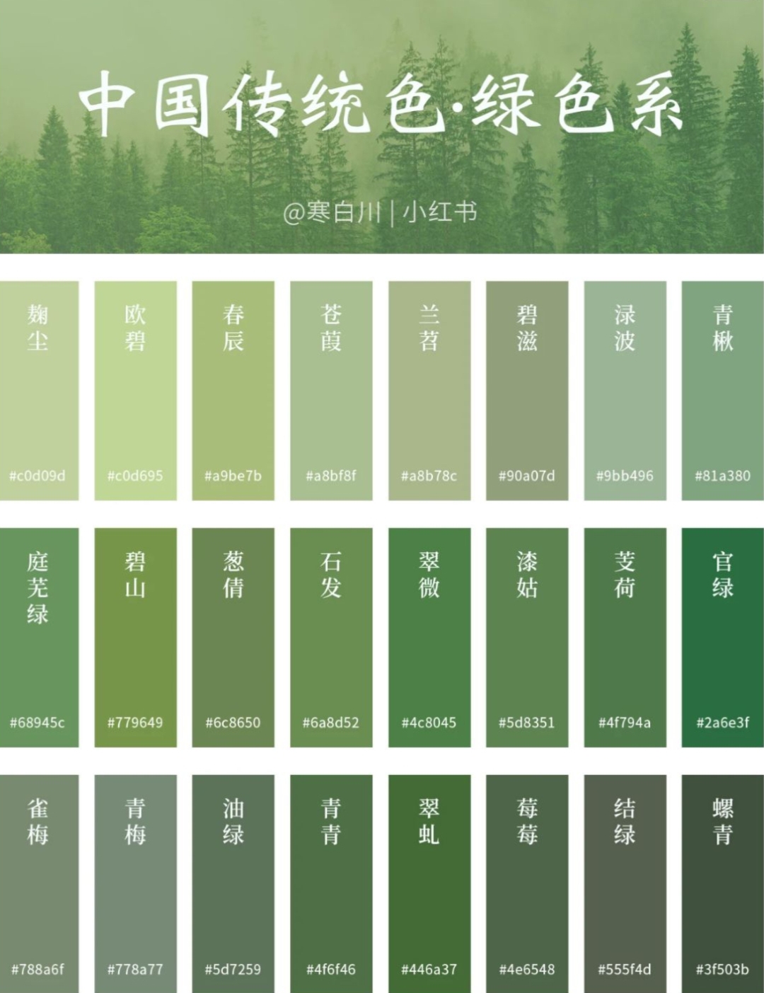 中国传统色系——绿色系
今夜偏知春气暖，虫声新透绿窗纱。——《月夜·夜月》
西南科技大学雷普凡 制