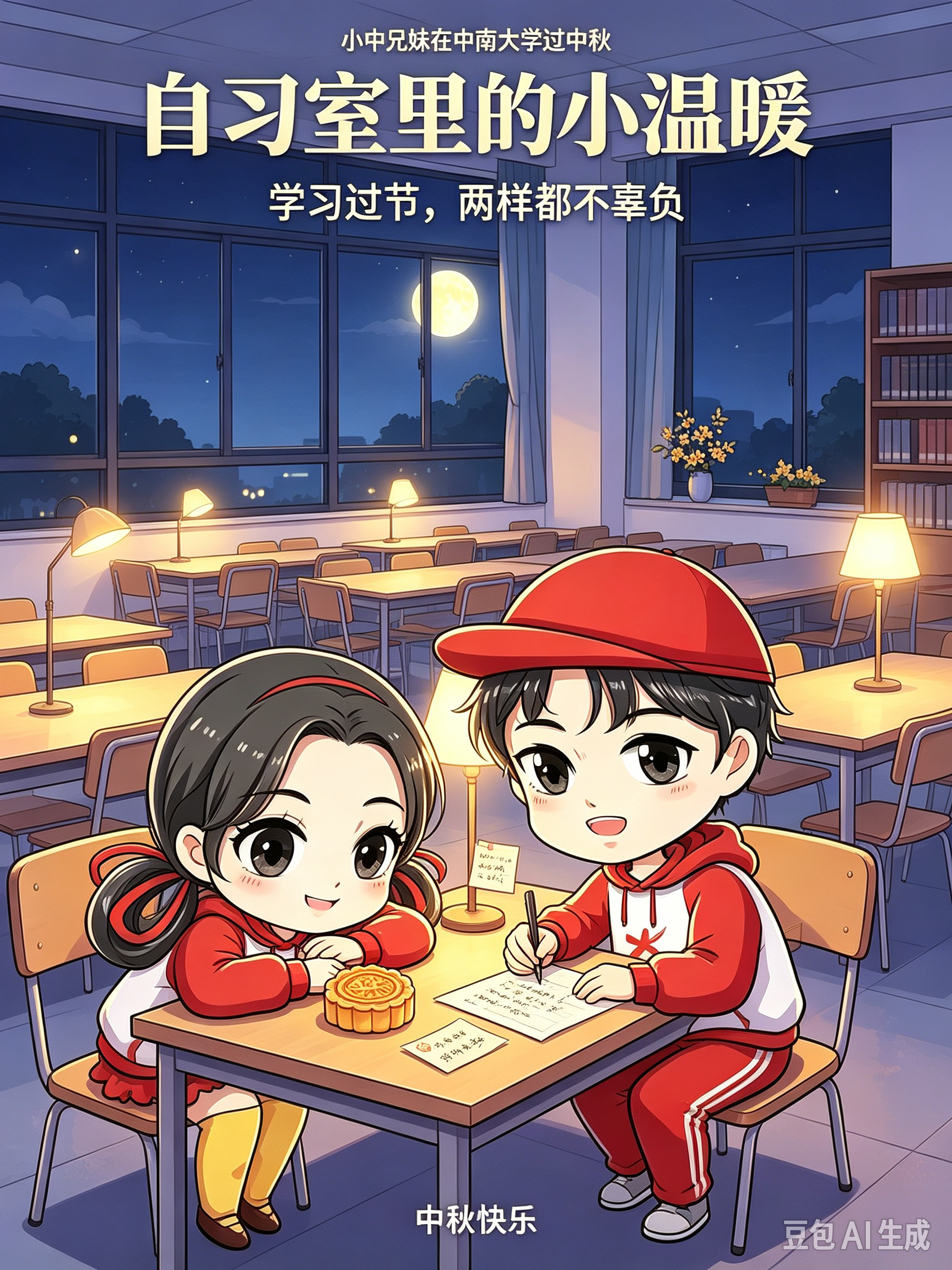 月圆之夜，亦有伏案坚守。自习室灯火融融，一块月饼相伴书桌，小中兄妹在勤学中，收获属于中南学子的中秋小温暖。
