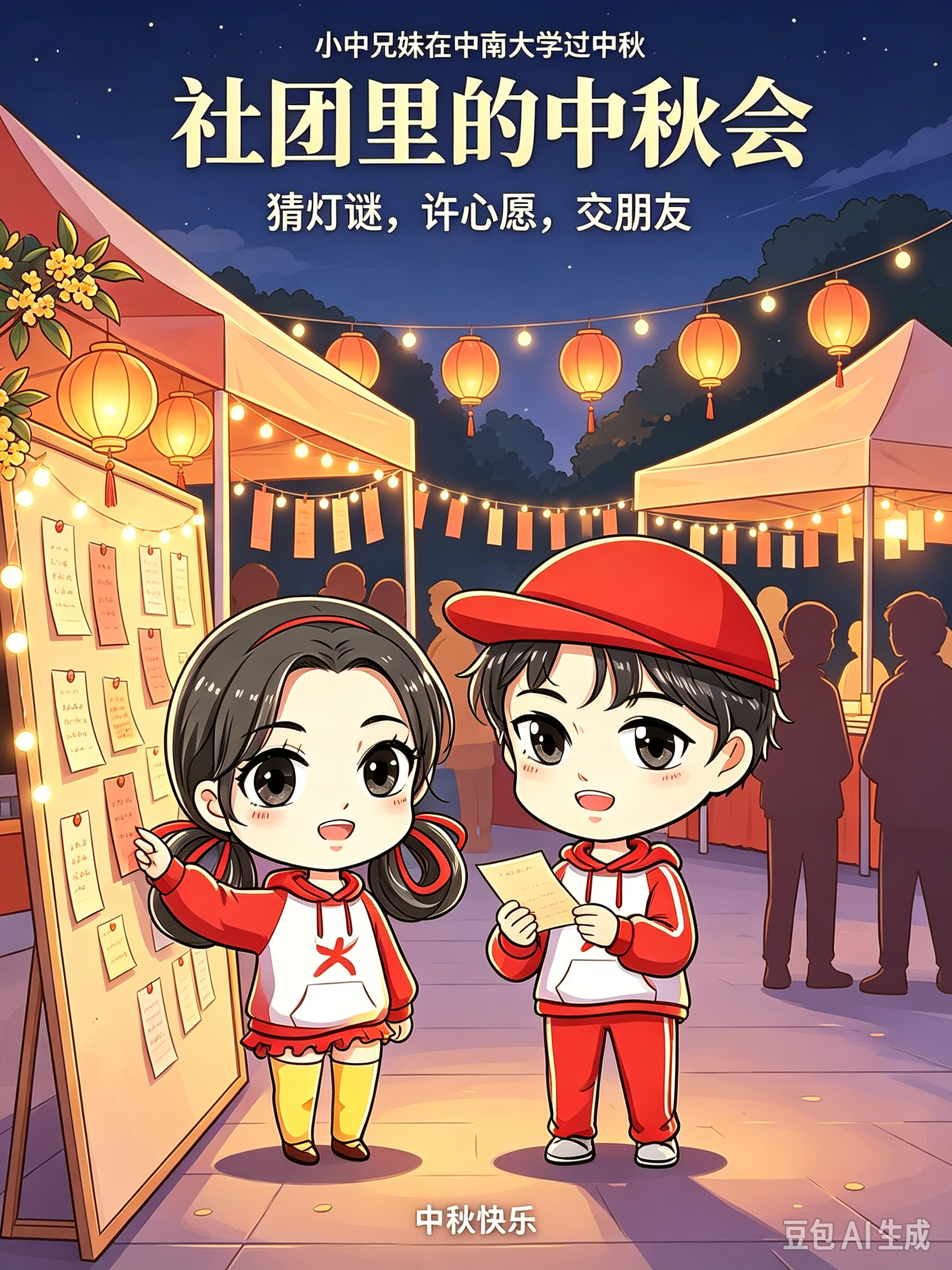 校园中秋市集热闹开场！兄妹二人驻足灯谜展板前，解谜语、写心愿。在社团欢聚中，以灯谜会友，共度趣味满满的中秋良夜。