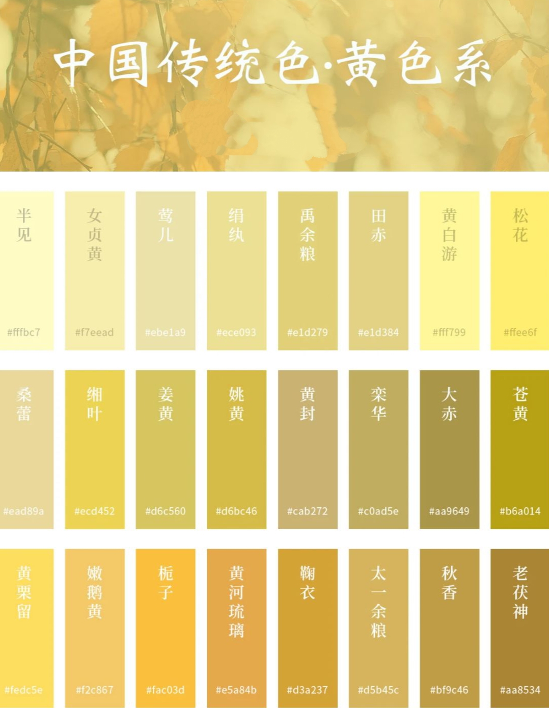 中国传统色系——黄色系
一年好景君须记，最是橙黄橘绿时。——《赠刘景文》
西南科技大学雷普凡 制