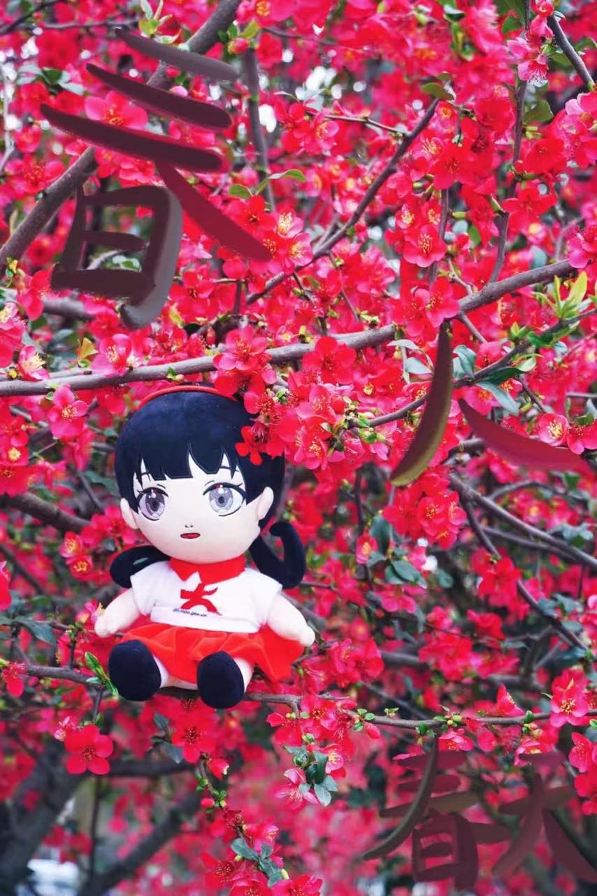 春天悄然降临，枝头结满了茂密绽放的红花朵，彷佛想把小中妹妹纳入其中，一起为这温暖的季节披上了一袭绚丽的锦袍。（廖子远 摄|李彦羲 制图）
