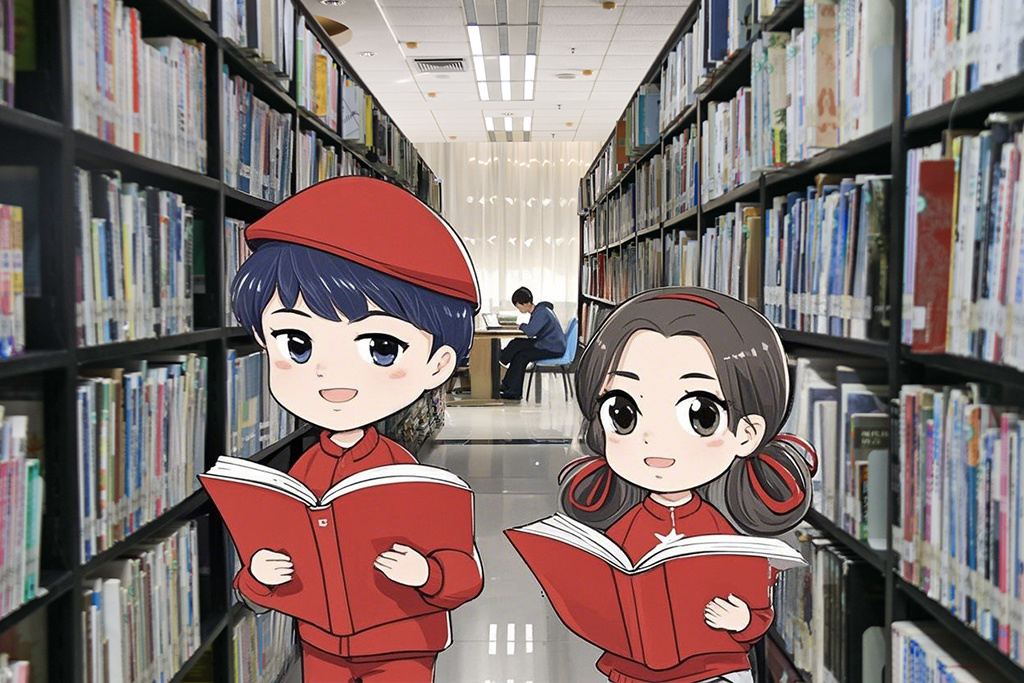 在书籍如林立的知识宝藏里，油墨香与纸页声交织，似在诉说智慧篇章，四周静谧，我们“昂首见前路、低头自耕耘”，共同让心灵在书海润泽中成长。（摄影：沈志善，小中人像由即梦AI生成）