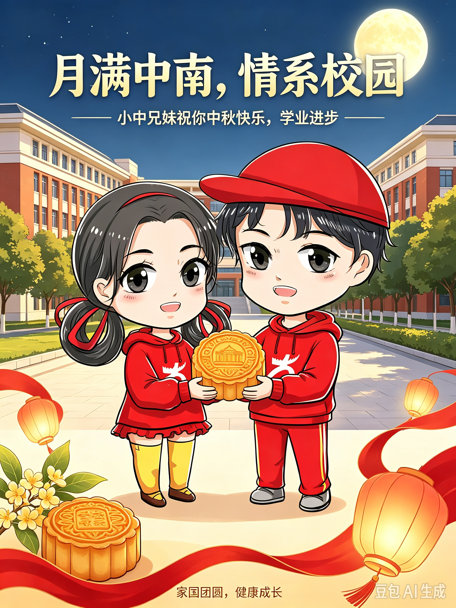 皓月当空，月满中南。小中兄妹手捧月饼送上中秋祝福，愿全体中南学子月圆人安，学业精进，心怀家国，向阳成长。