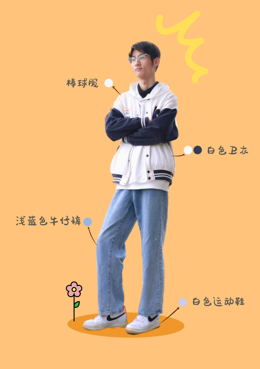 Look 8：白色卫衣搭配棒球服。
西南科技大学刘思宇 制