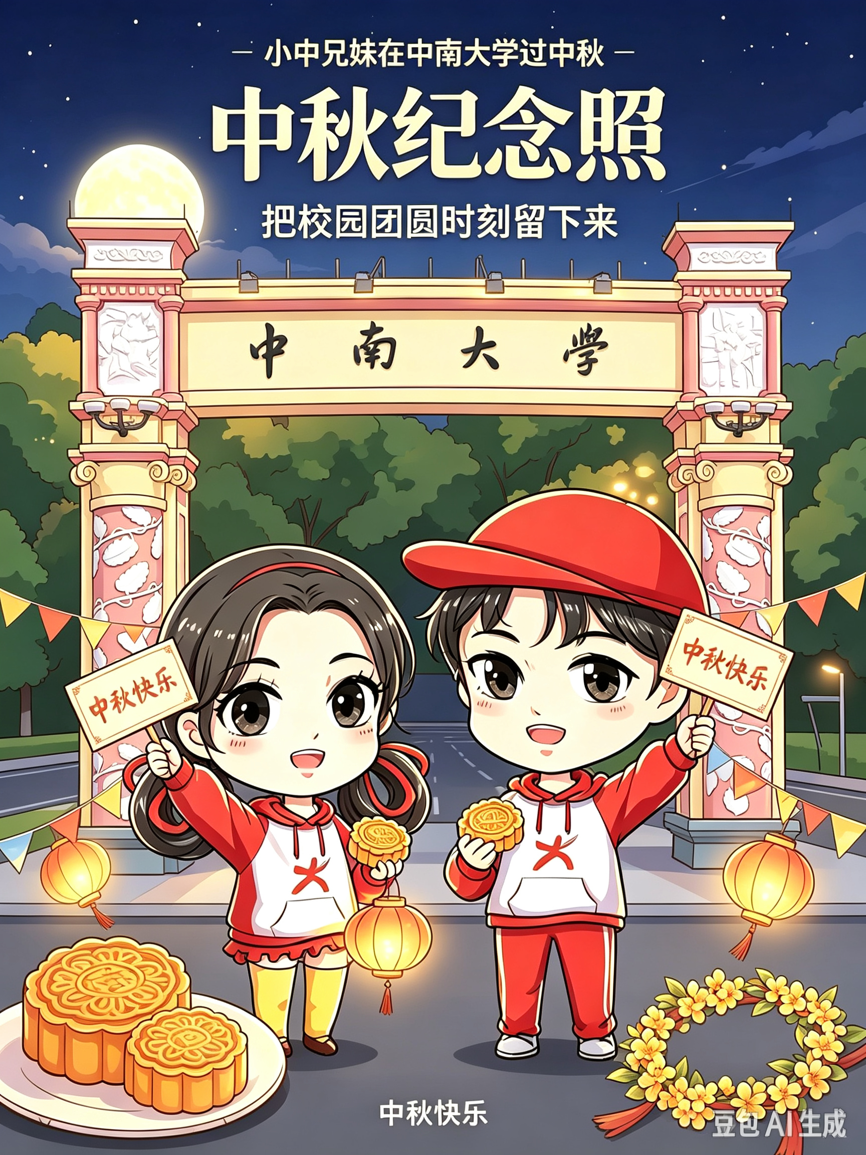 在中南大学校门前定格美好！兄妹举着祝福手牌，快门按下，留存属于中南校园的中秋团圆瞬间。