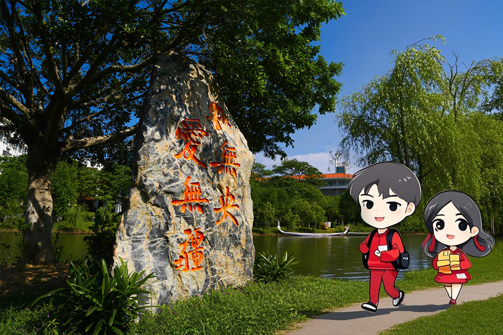 阳光绿树相伴，湖水静静流淌，在满目苍翠的夏天，校园的每一个角落滋养着学子，他们怀揣知识，在人生路上，为热爱而奔走。（摄影：朱鲜艳，小中人像由即梦AI生成）