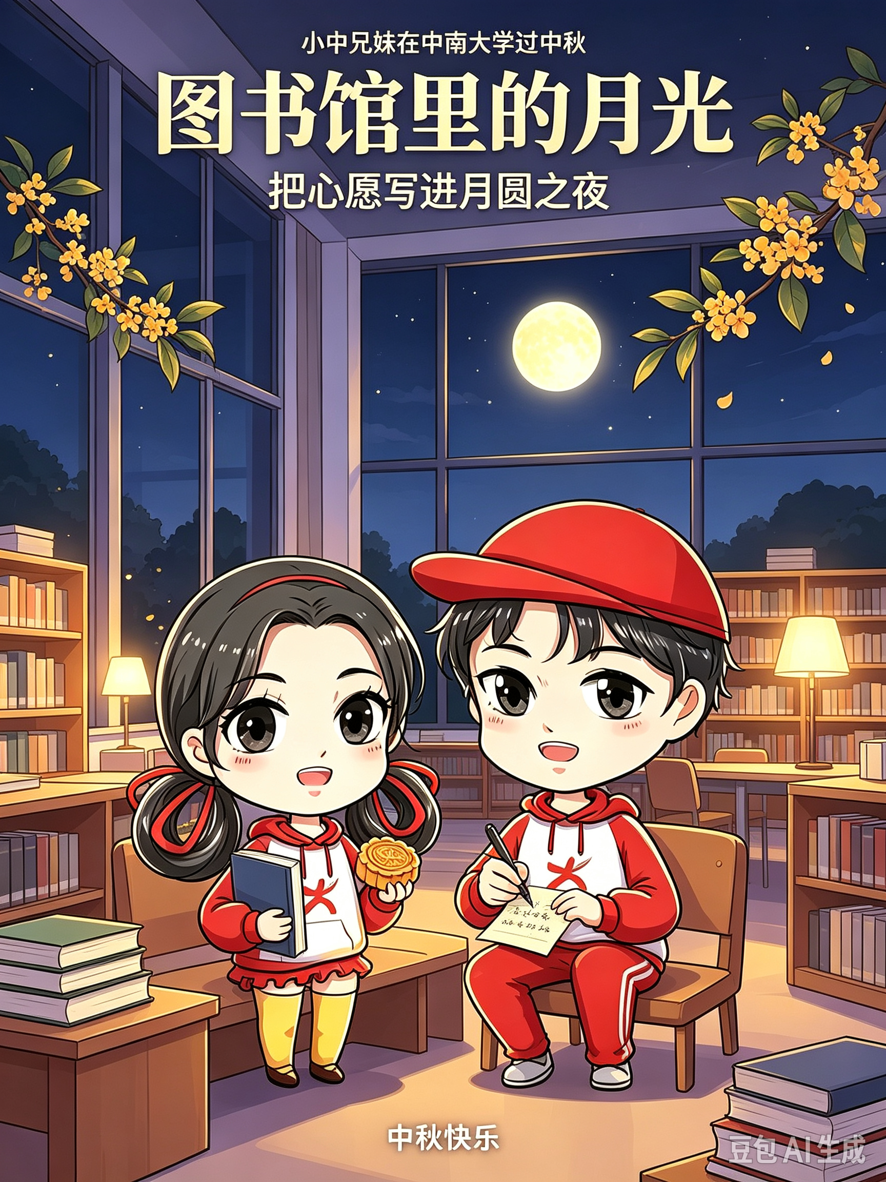 明月悬于窗外，书香伴月色。在安静的图书馆，妹妹手捧书本与月饼，哥哥轻轻写下心愿，学习与中秋月色在此温柔相逢。