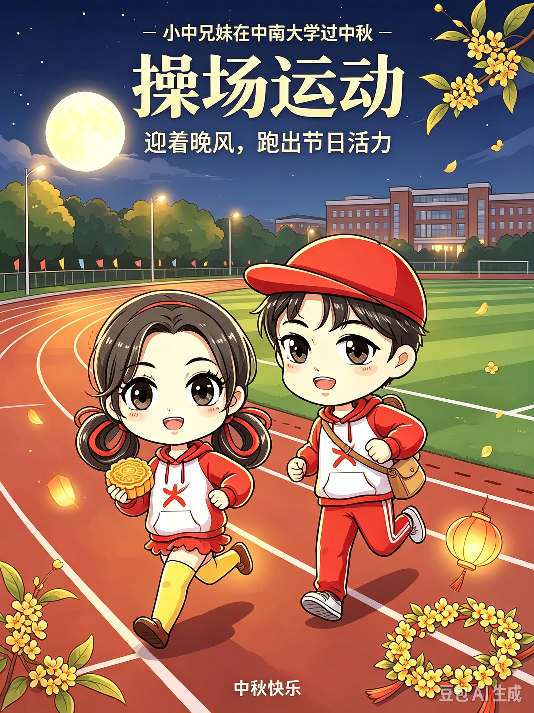 中秋之夜，活力不打烊！兄妹奔跑在红色跑道，伴着圆月与桂香，在晚风里畅快运动，用青春朝气解锁别样中秋。