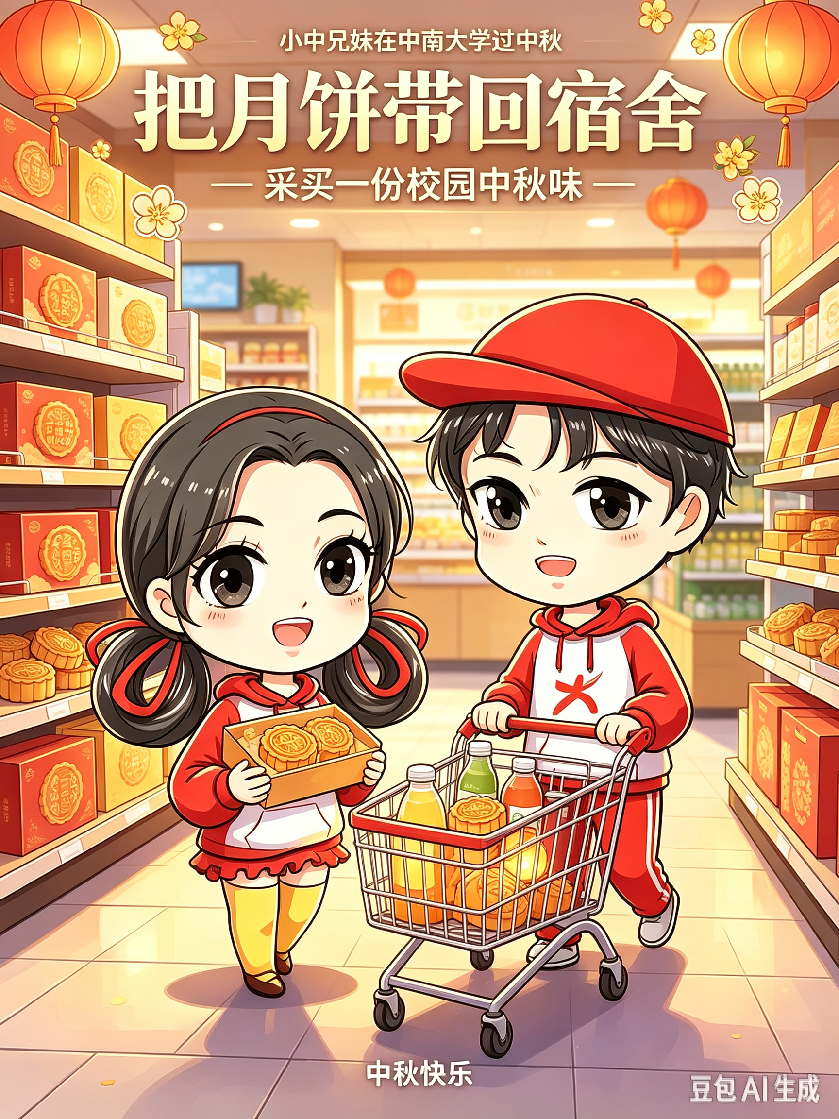 逛校园超市，挑选中秋好礼！小中兄妹推着购物车，精心挑选月饼礼盒，把满满的中秋甜意带回宿舍，储存校园团圆。