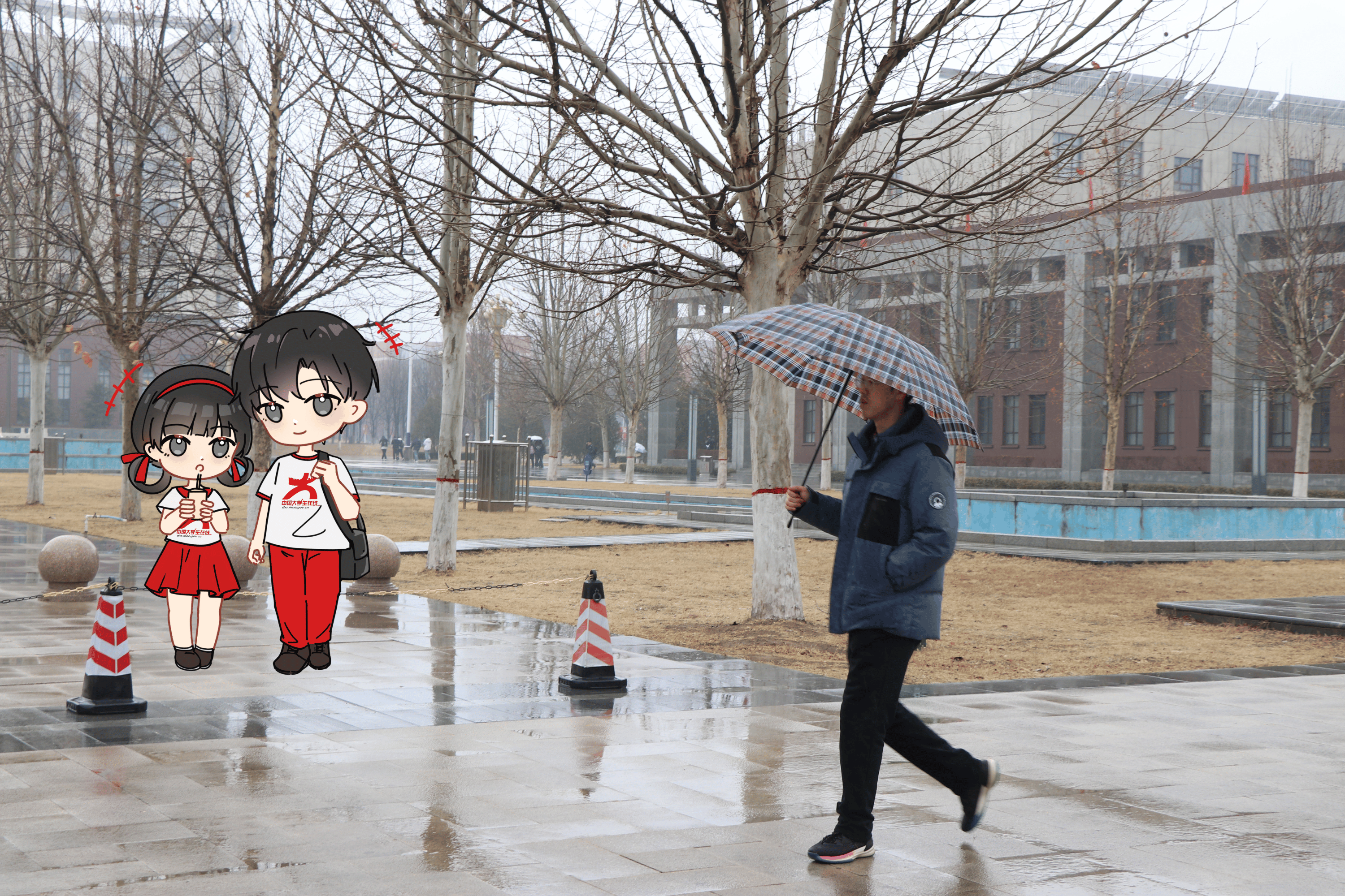 春雨中行色匆匆的老师